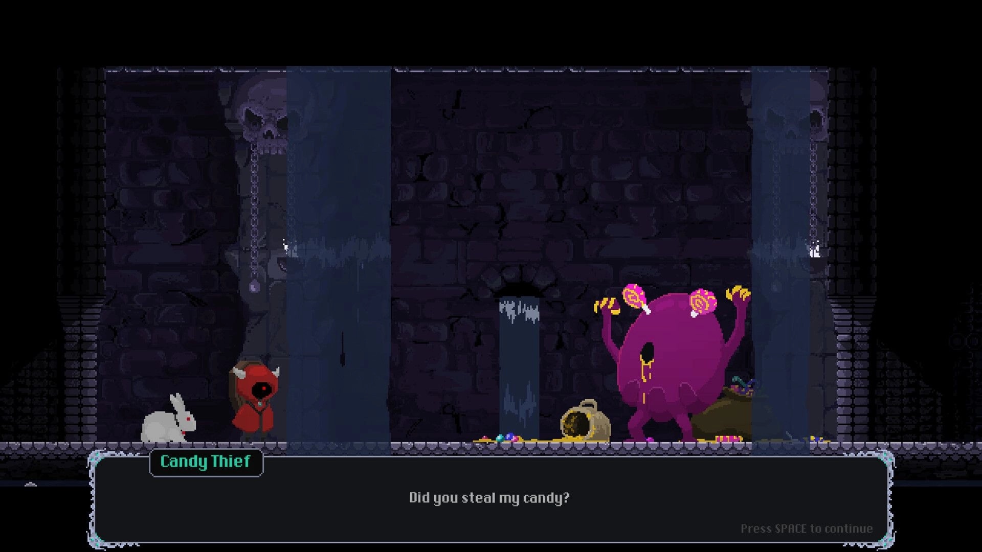 Burdenfall: Dialogue with Candy Thief facing a purple monster in a dark stone corridor scene.