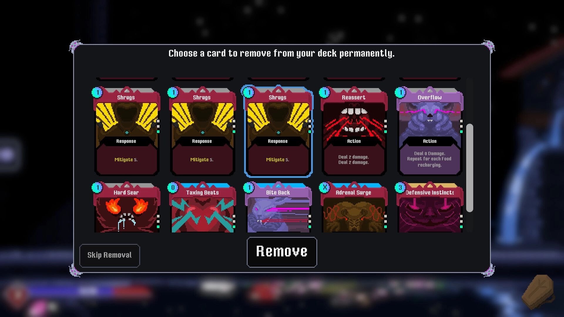 Burdenfall: Deck removal menu with cards like Shrugs and Overflow, plus Skip Removal and Remove buttons.