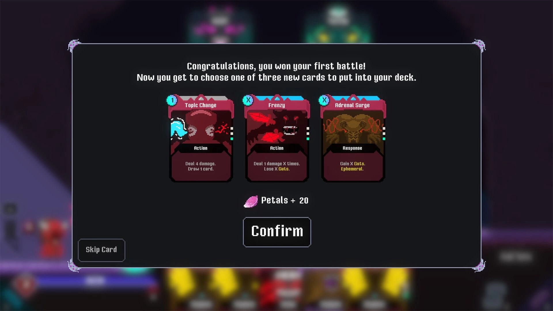 Burdenfall: Post-battle card reward screen offering three cards and Petals +20 with Confirm button.