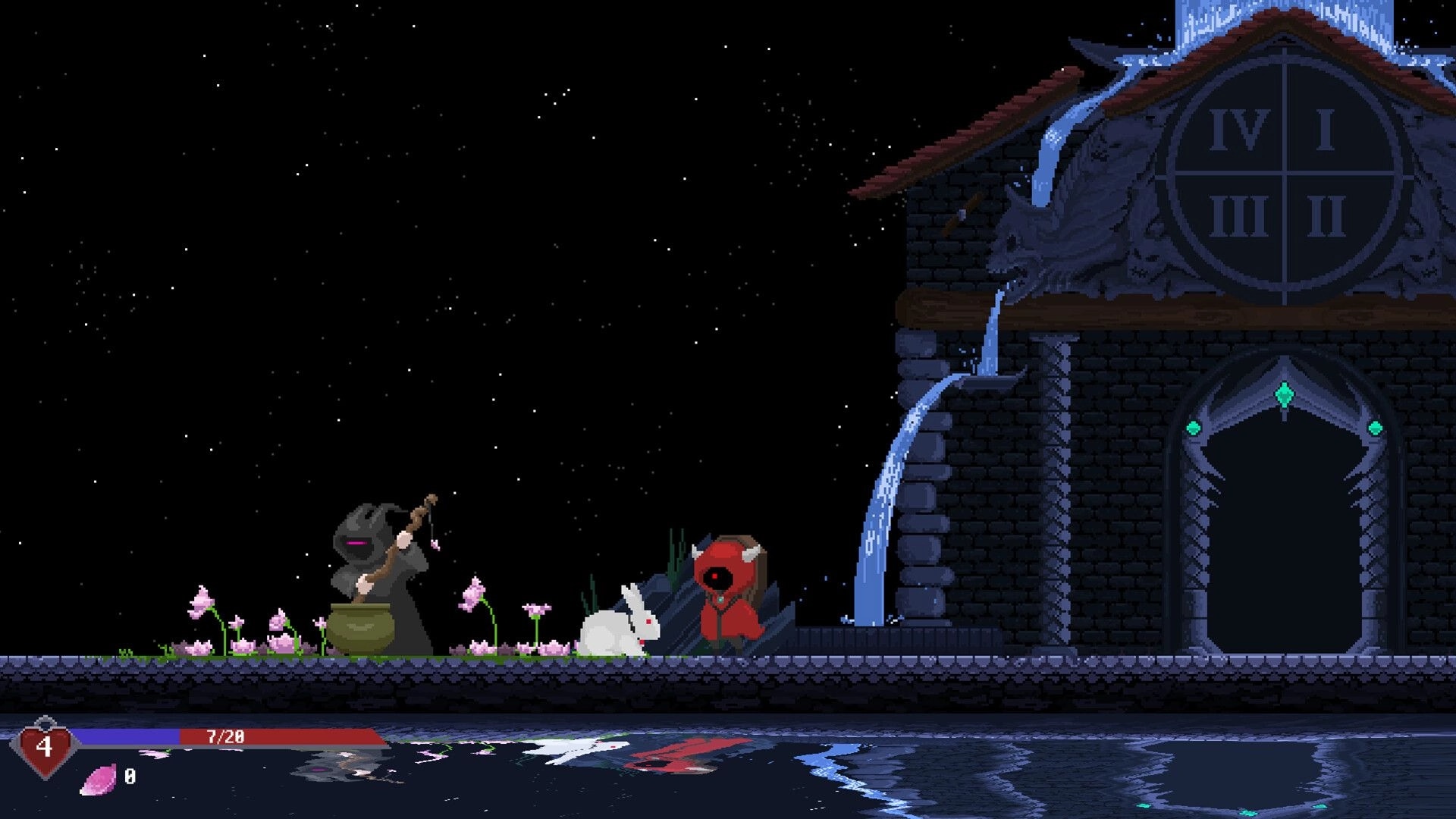Burdenfall: Hooded hero with rabbit companion at a castle door under starry sky, HP bar UI visible.