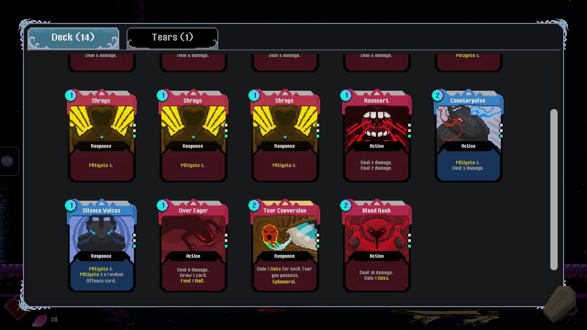 Burdenfall: Deck and Tears menu open, showing card grid with Shrugs, Reassert, Counterpulse cards.