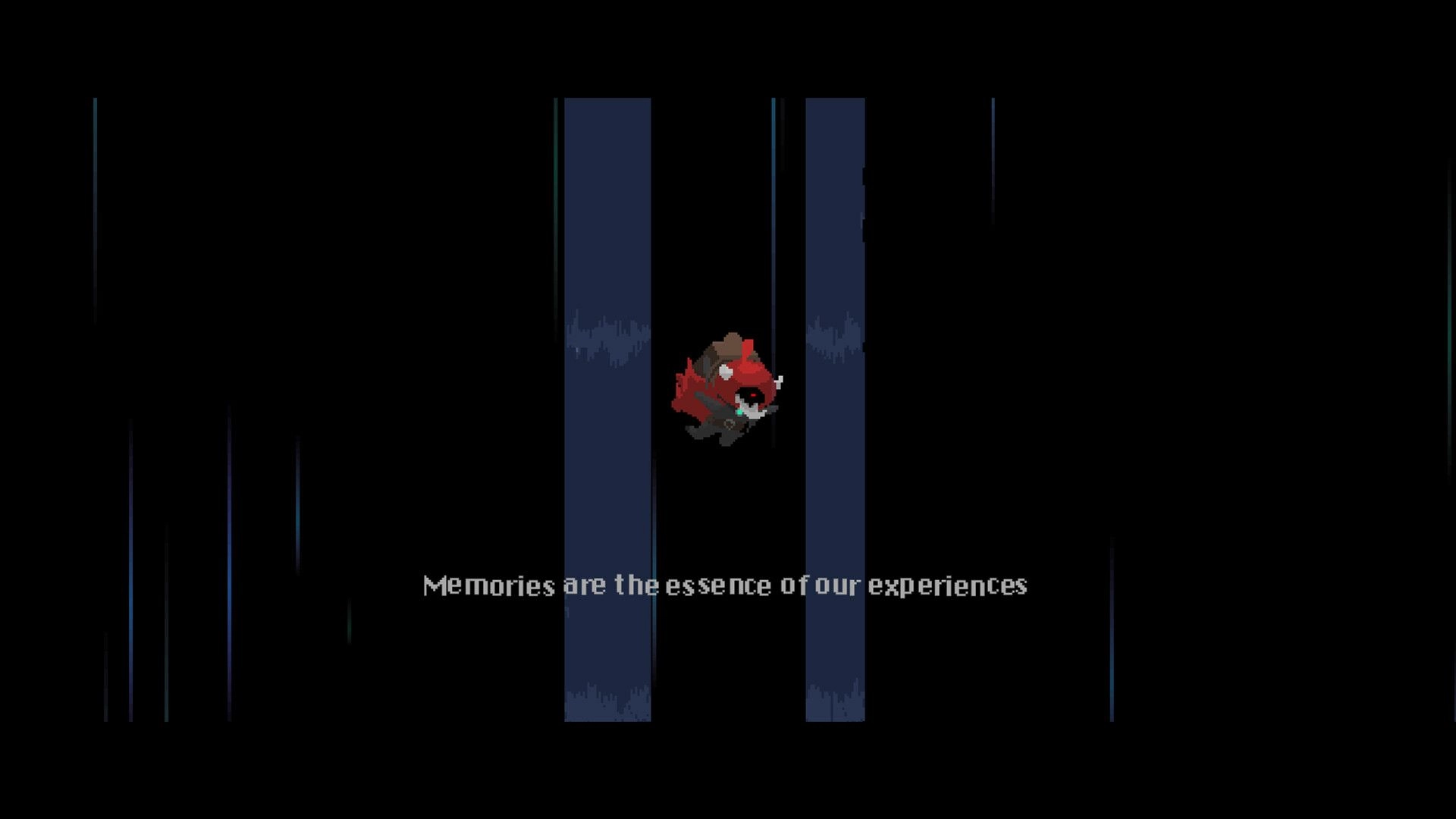 Burdenfall: Red cloaked creature floats between blue pillars on black screen with quote text below.