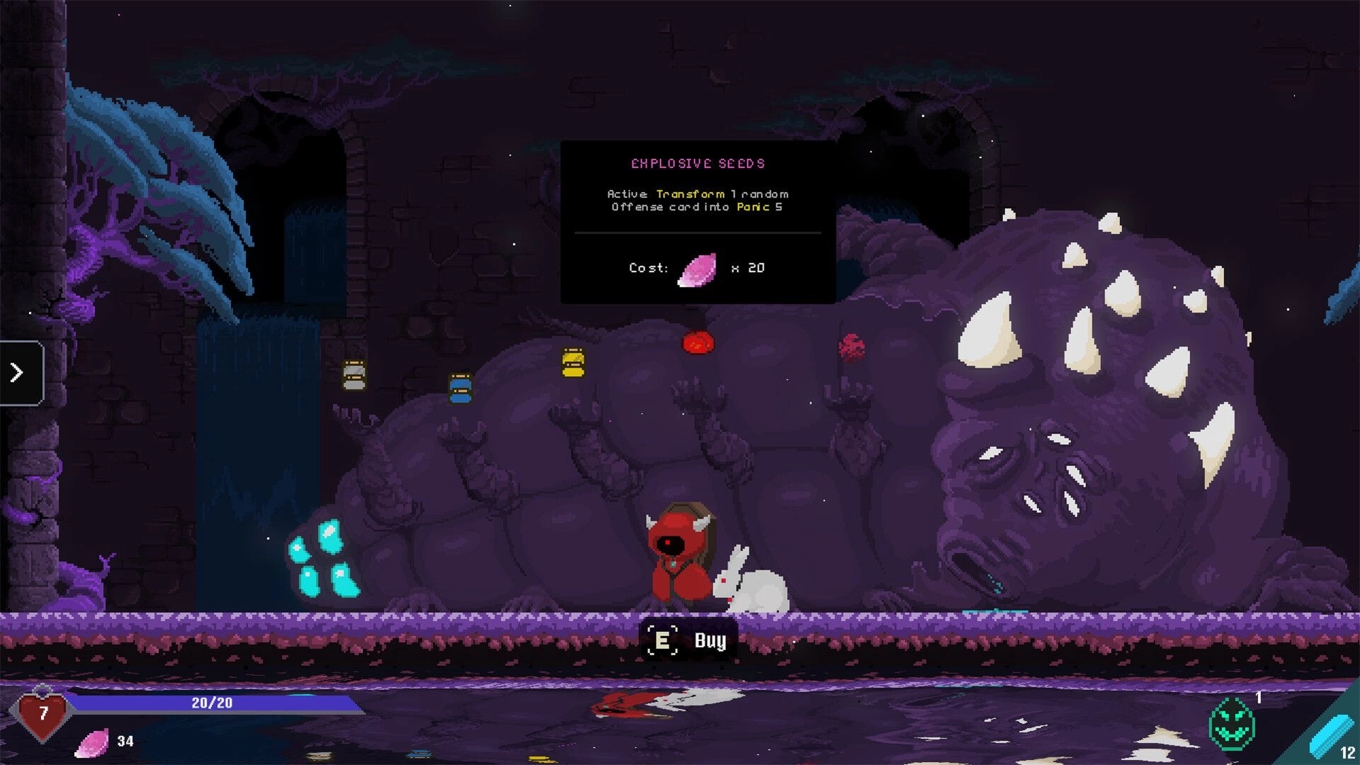Burdenfall: Shop popup for Explosive Seeds as hero and rabbit stand by a spiked giant in cave.