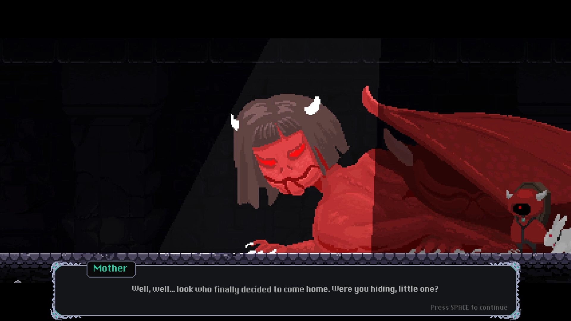 Burdenfall: Dialogue with Mother, a red horned winged figure, in a dark stone corridor scene.