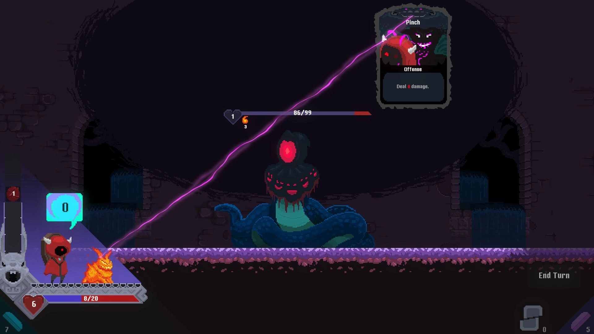Burdenfall: Pinch card targets a serpent boss in a dark stone chamber, End Turn UI visible.