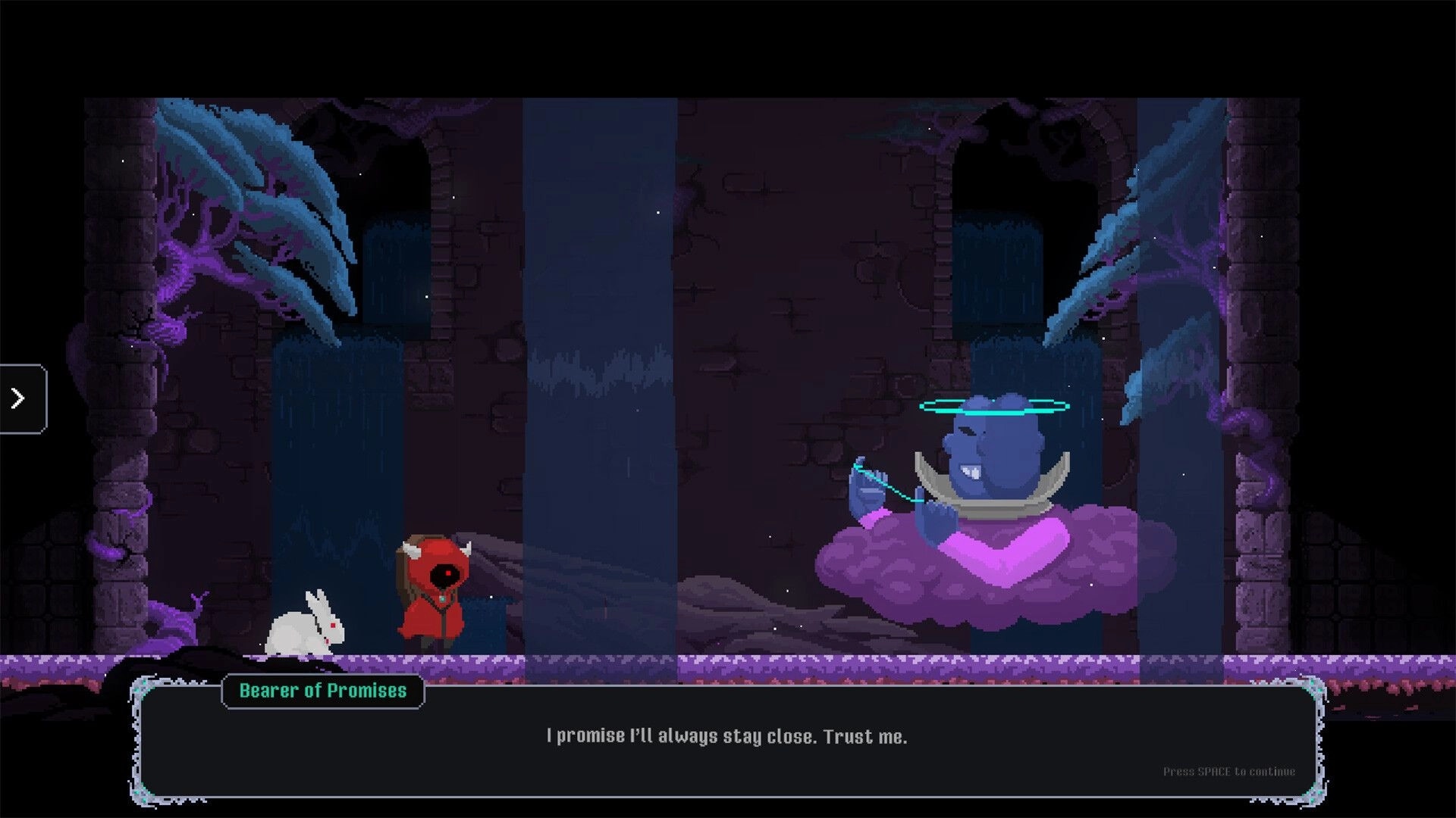 Burdenfall: Dialogue with Bearer of Promises as hooded hero and rabbit face a floating figure in ruins.