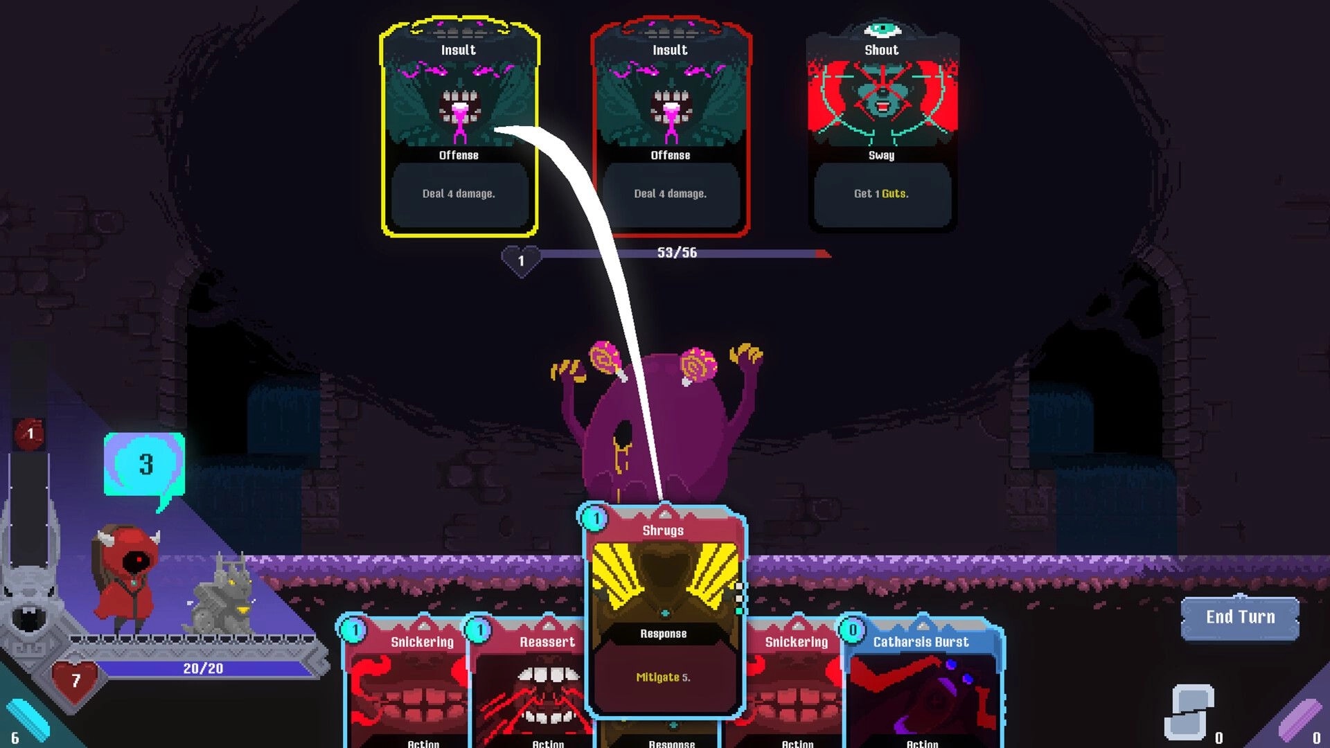 Burdenfall: Card combat turn with Shrugs selected against a purple monster in a dark stone hall.