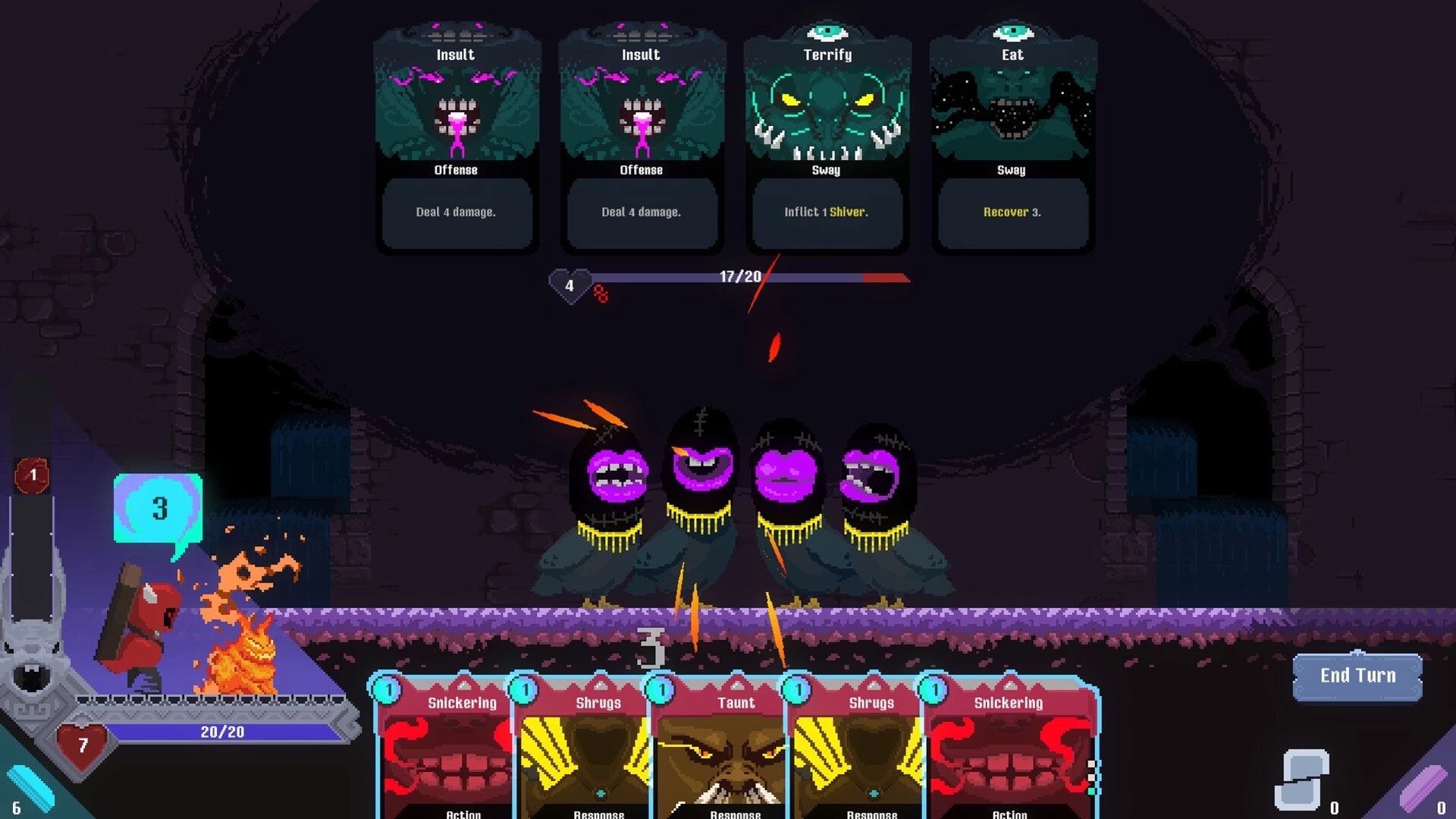 Burdenfall: Card battle hand with Taunt and Snickering facing four masked foes in a dark hall.