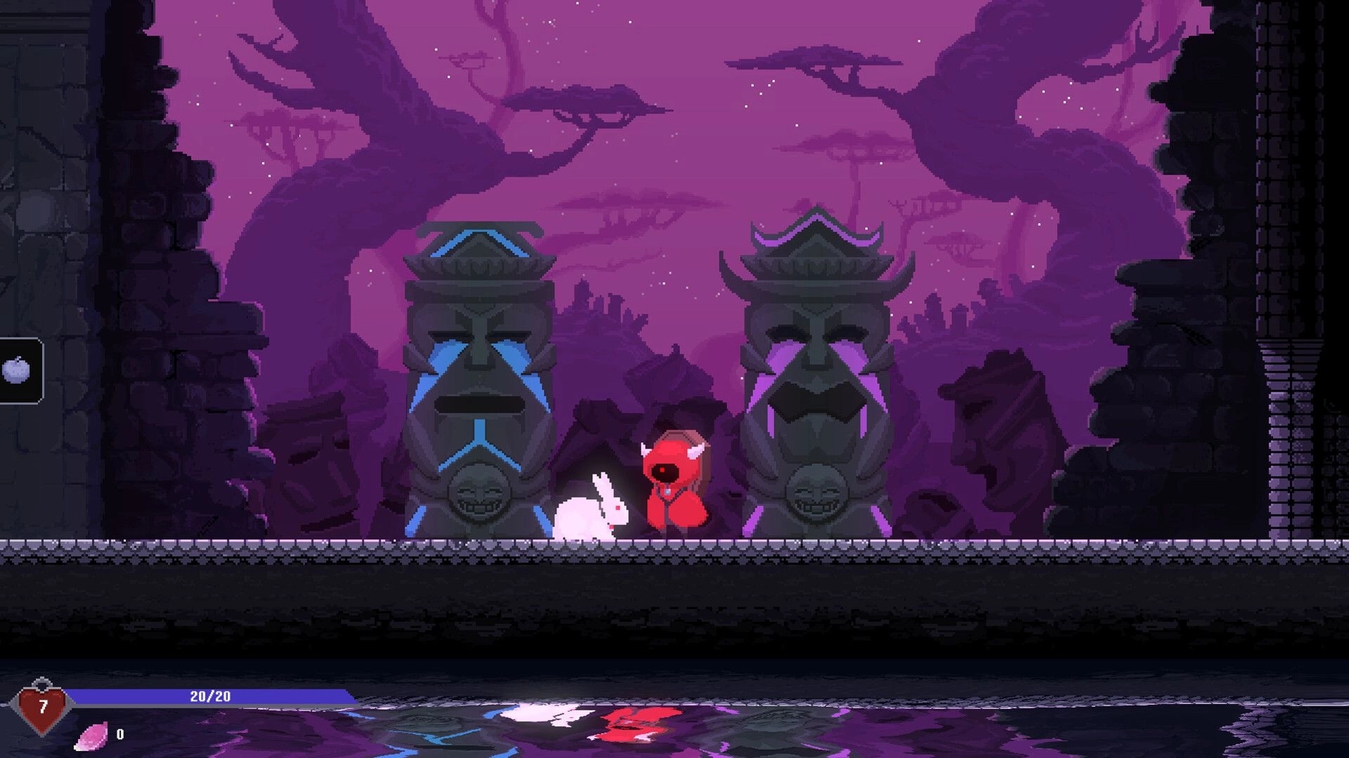 Burdenfall: Red-hooded hero and white rabbit companion between stone totems under purple sky.