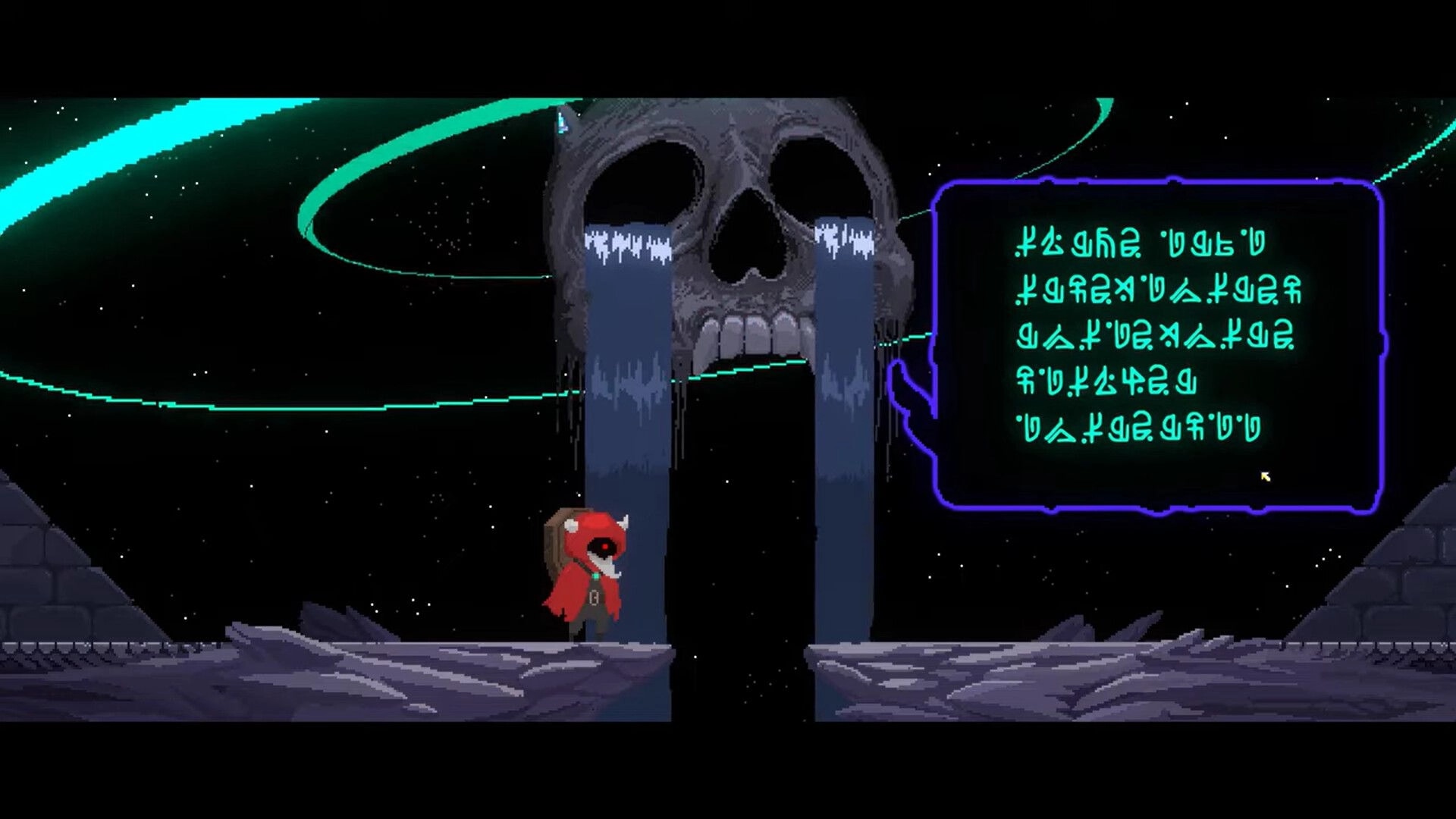 Burdenfall: Hooded traveler stands before a skull archway as alien dialogue box glows in space sky.