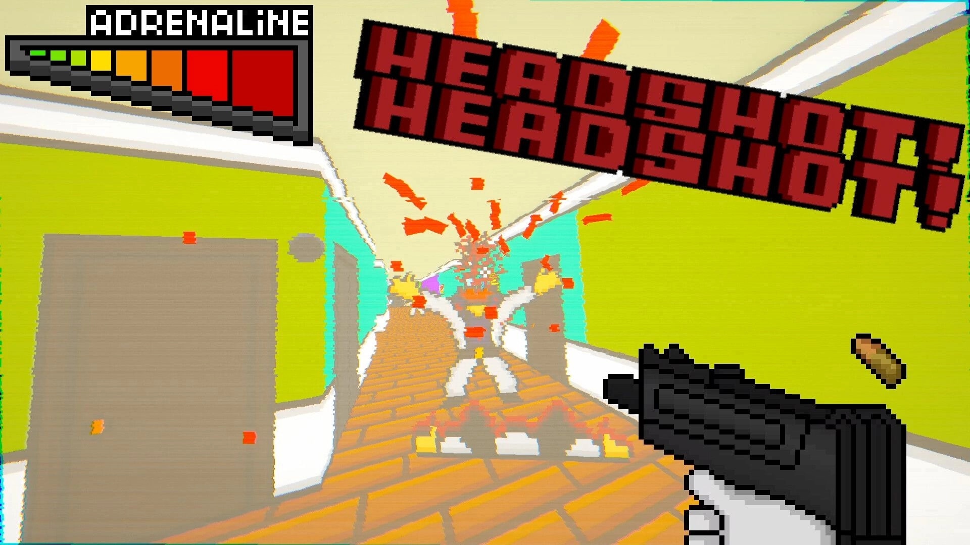 Burger Shooter: First-person pistol headshot kill with ADRENALINE meter in neon hallway corridor.