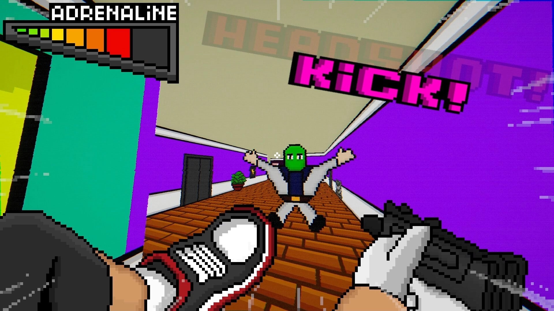 Burger Shooter: First-person kick attack on a masked thug in purple hallway with adrenaline meter UI.