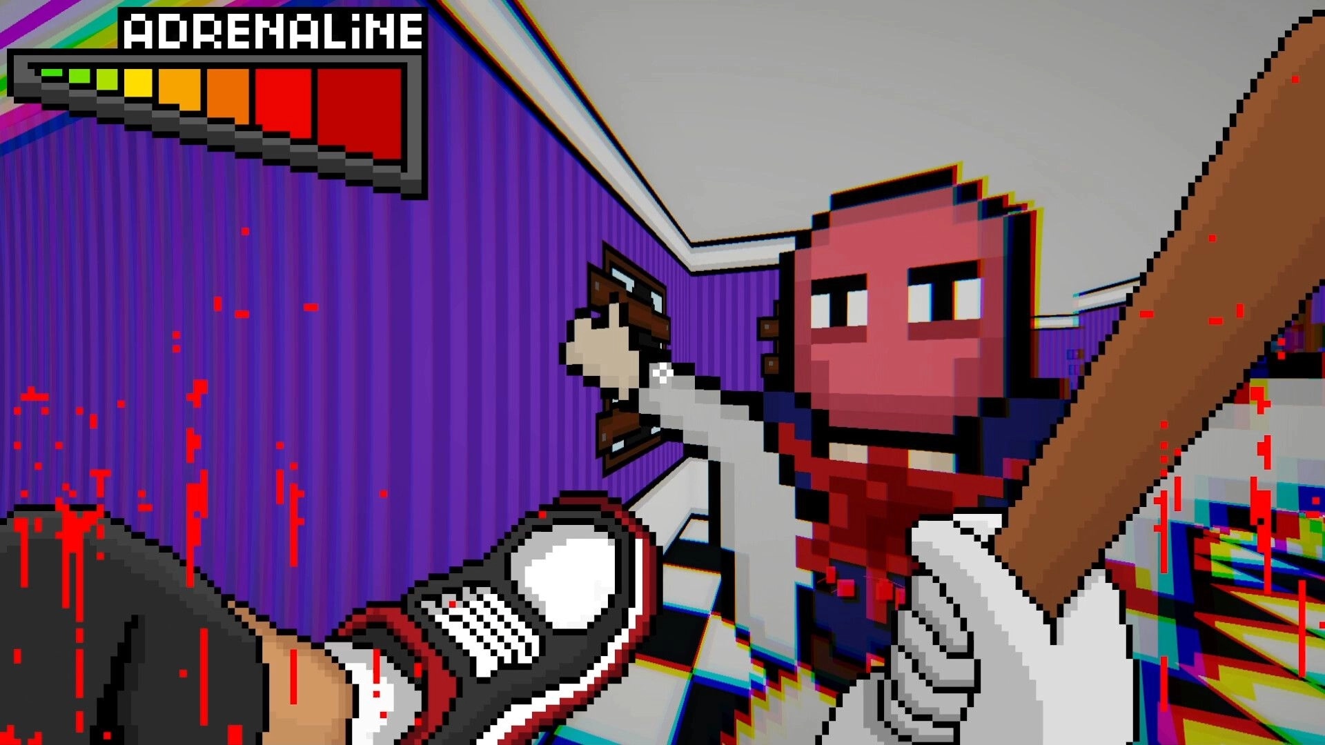 Burger Shooter: First-person melee hit on pixel gangster in purple hallway with adrenaline meter HUD.