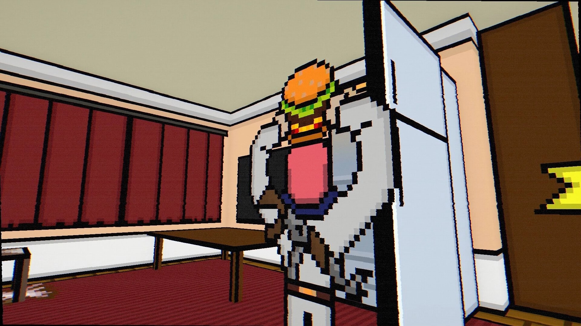 Burger Shooter: Pixelated burger-headed gangster leaning by a fridge inside a red-curtained room.