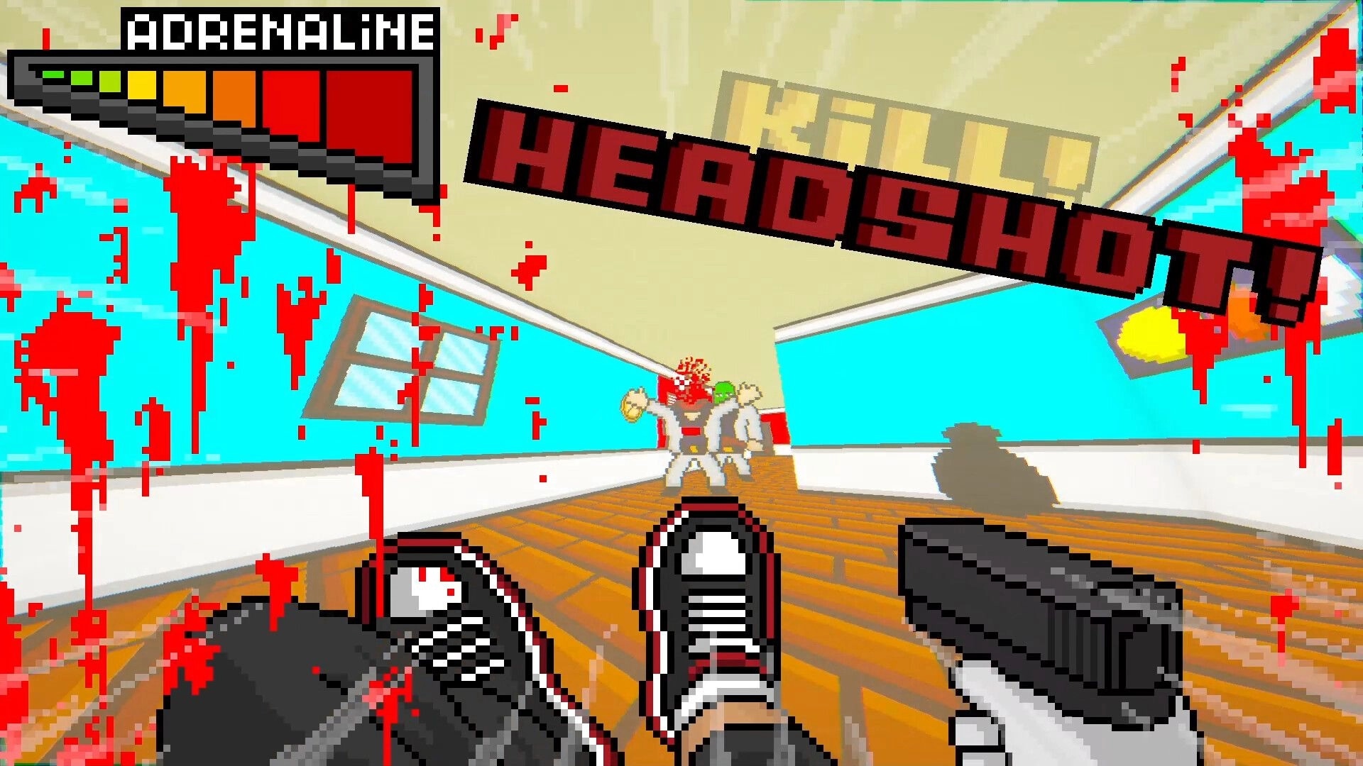 Burger Shooter: Headshot kill message with pistol HUD and blood splatter in a bright hallway level.