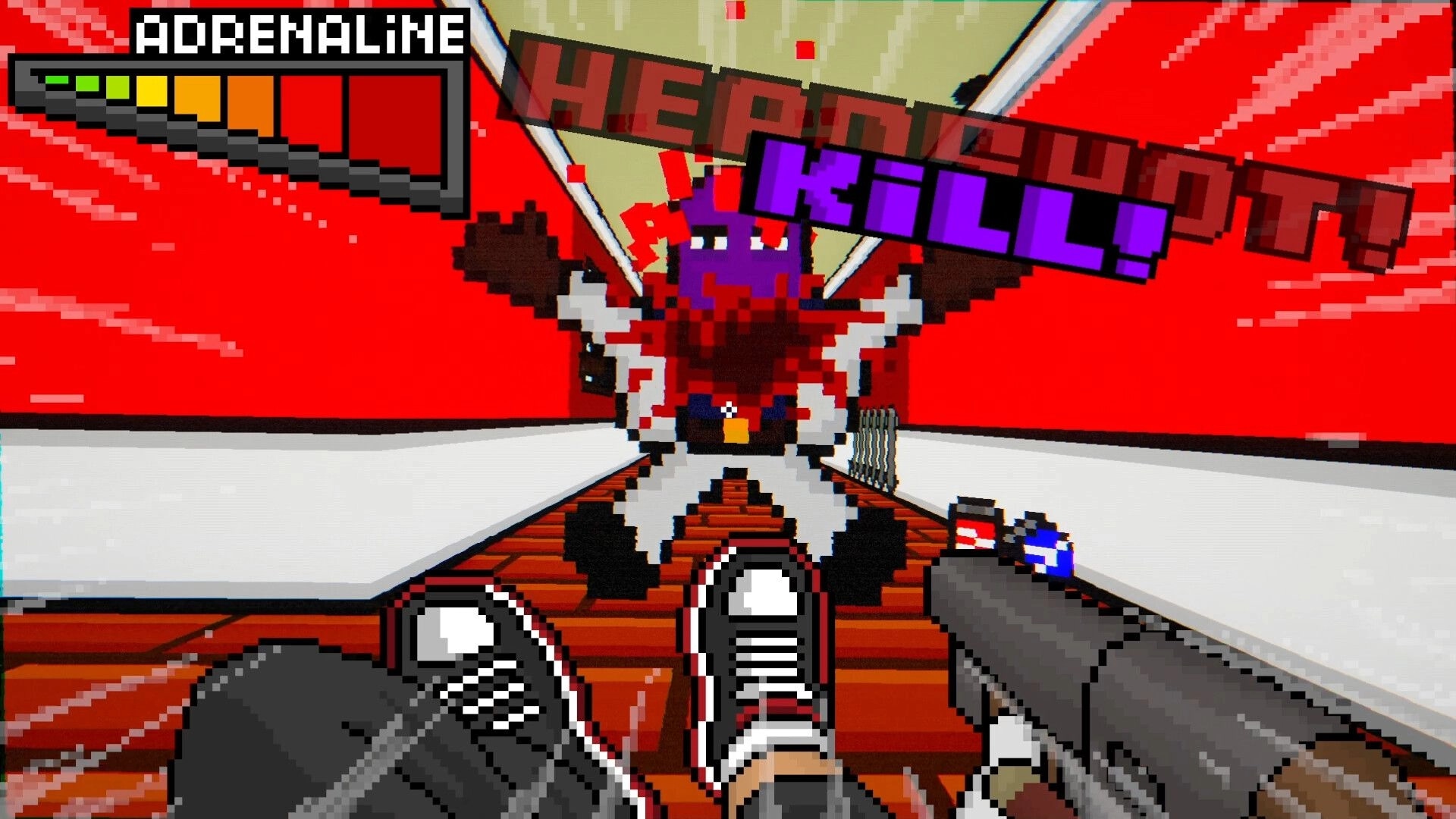 Burger Shooter: Point-blank shotgun kill on pixel gangster, adrenaline meter up in red hallway arena.