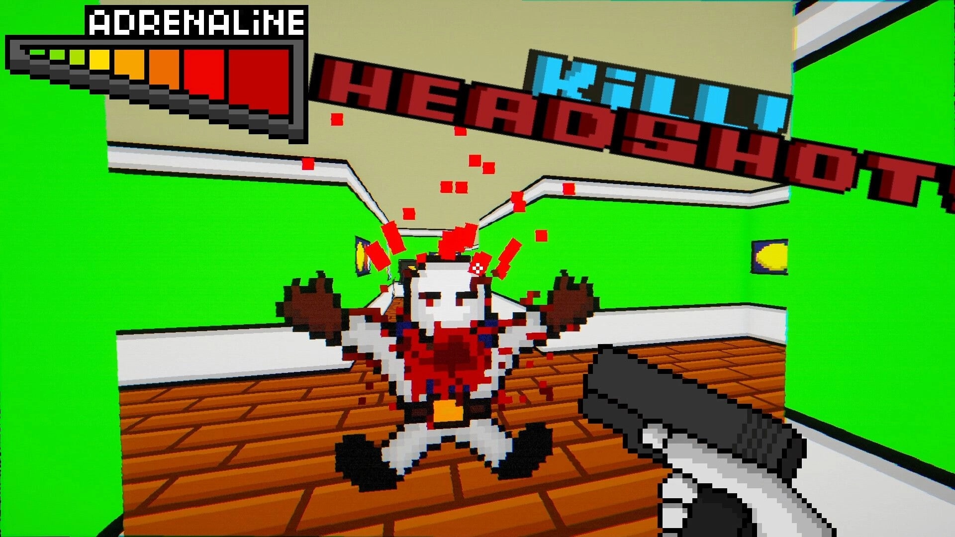 Burger Shooter: First-person killshot on pixel enemy with blood, green hallway and adrenaline meter UI.