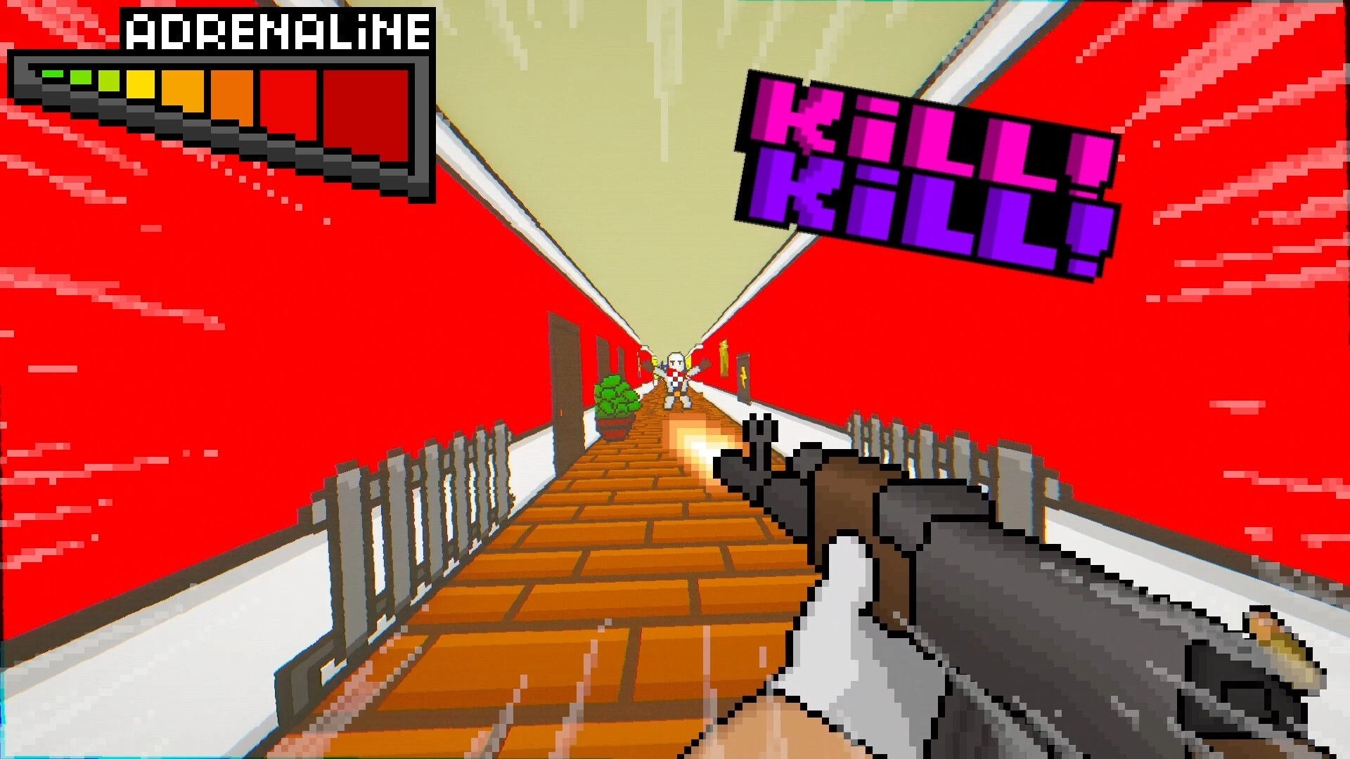 Burger Shooter: First-person rifle firing at enemy in red hallway, adrenaline meter and KILL! popup.
