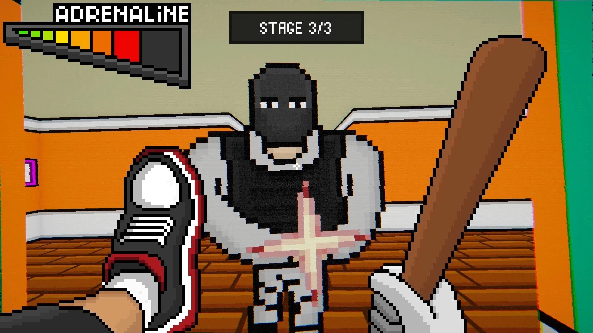Burger Shooter: First-person bat attack on masked thug with adrenaline meter in a bright hallway.