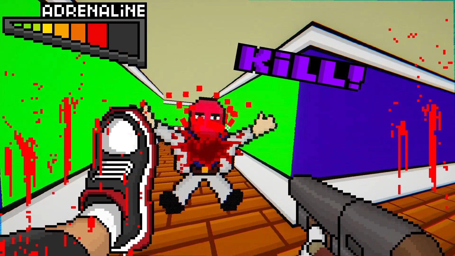 Burger Shooter: First-person kill with blood splatter, ADRENALINE meter, in neon hallway arena.