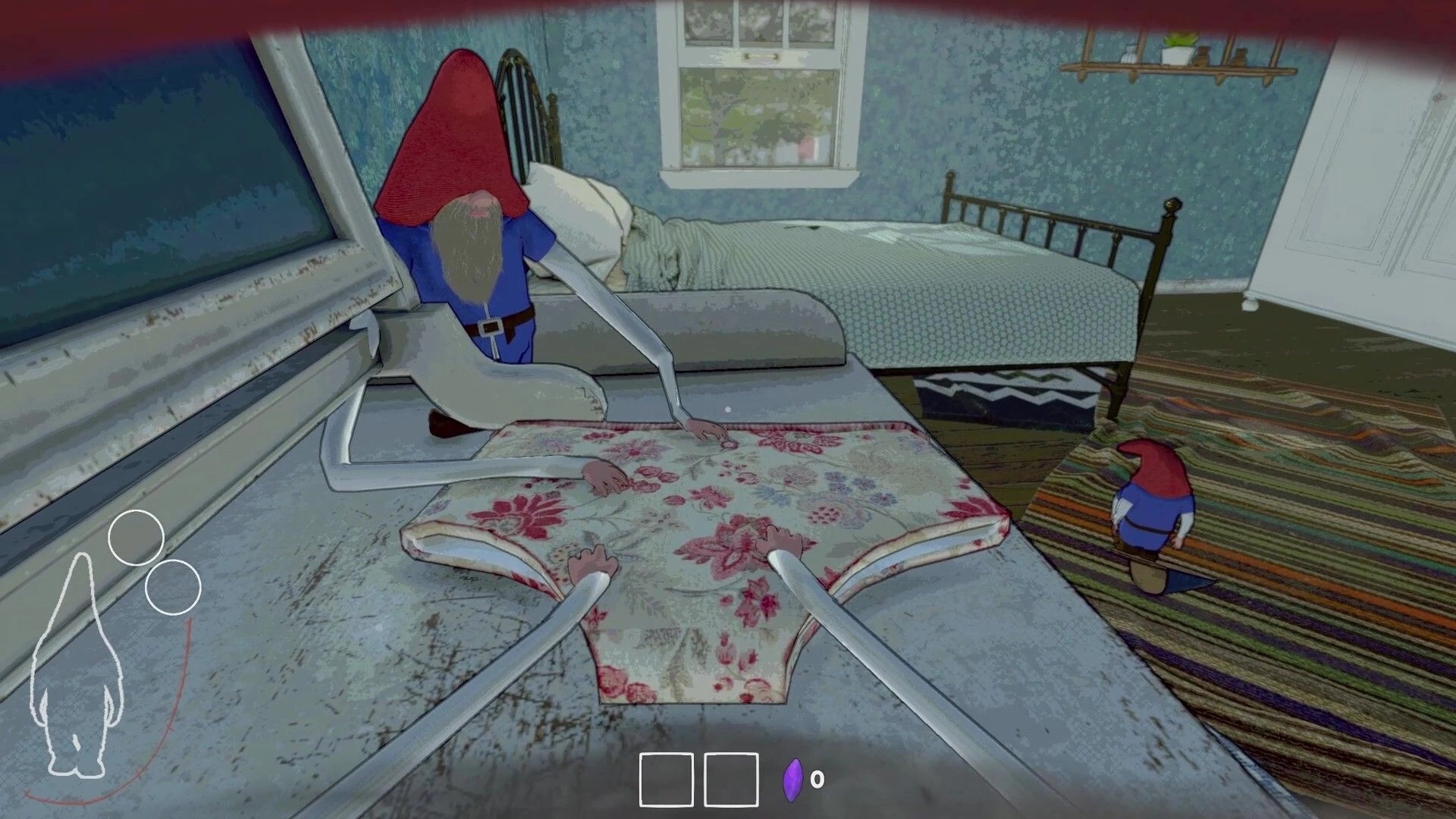 Burglin' Gnomes: Gnome grabbing floral cloth in a bedroom with a bed and window, UI icons visible.