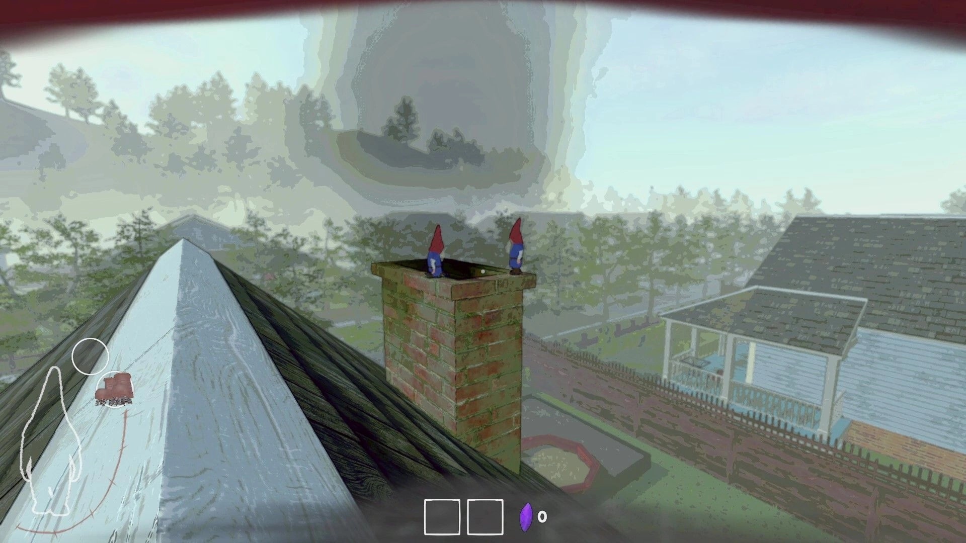 Burglin' Gnomes: Two gnomes standing on a chimney overlooking a suburban neighborhood from a rooftop.