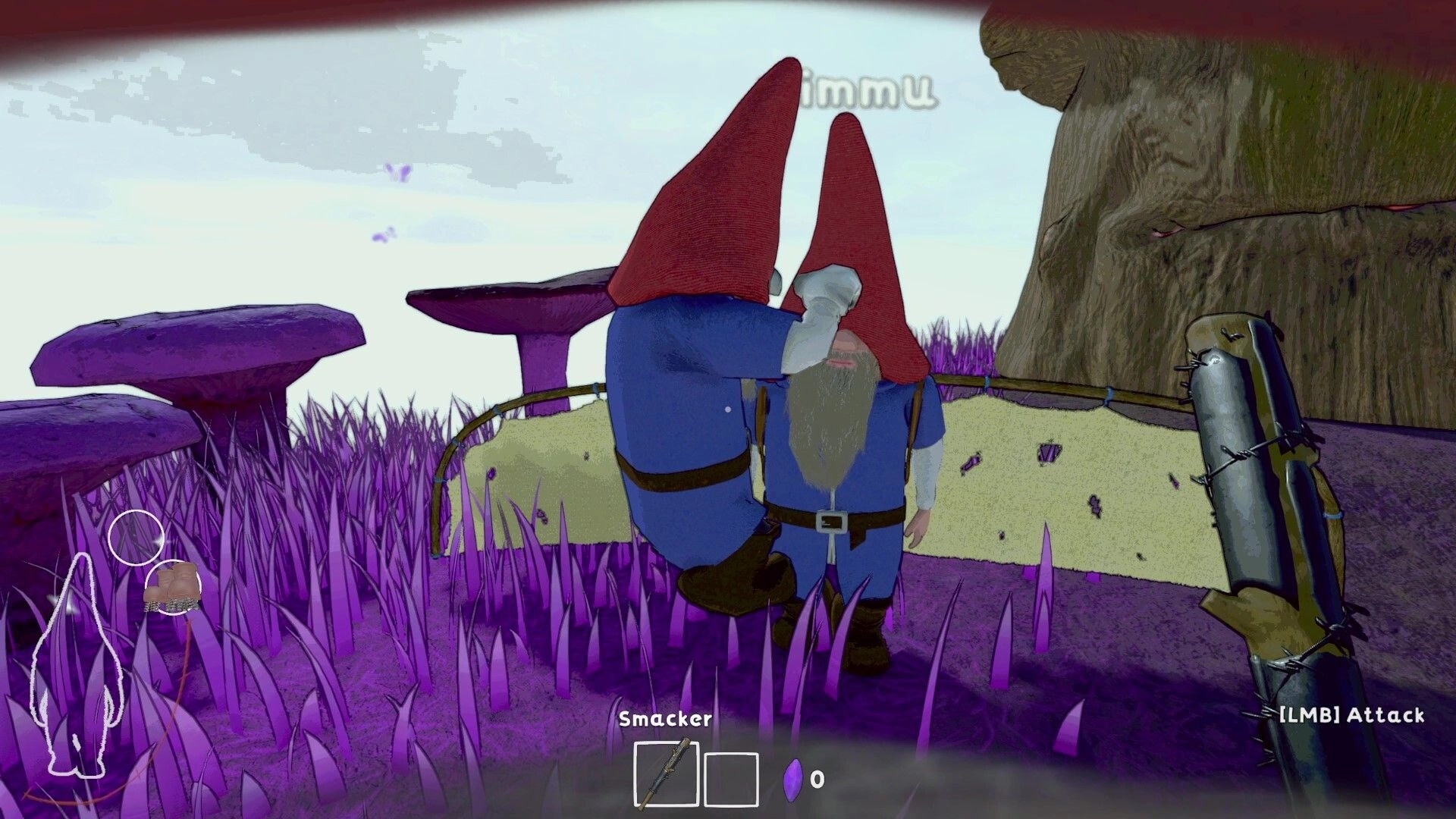 Burglin' Gnomes: Two gnomes carrying an object in a purple forest clearing with UI showing a bat weapon.