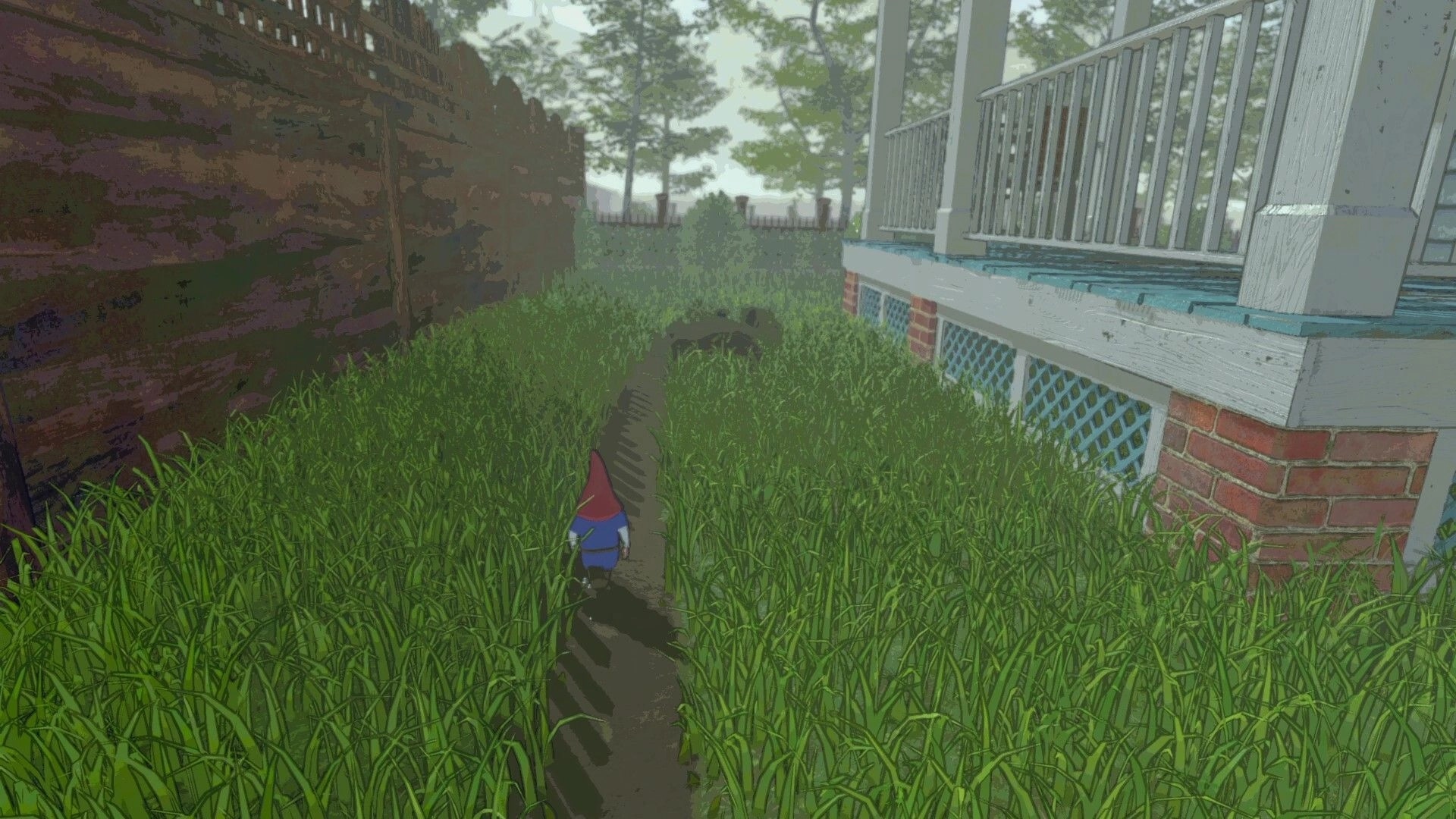 Burglin' Gnomes: Gnome sneaking through tall grass along a wooden fence near a house porch