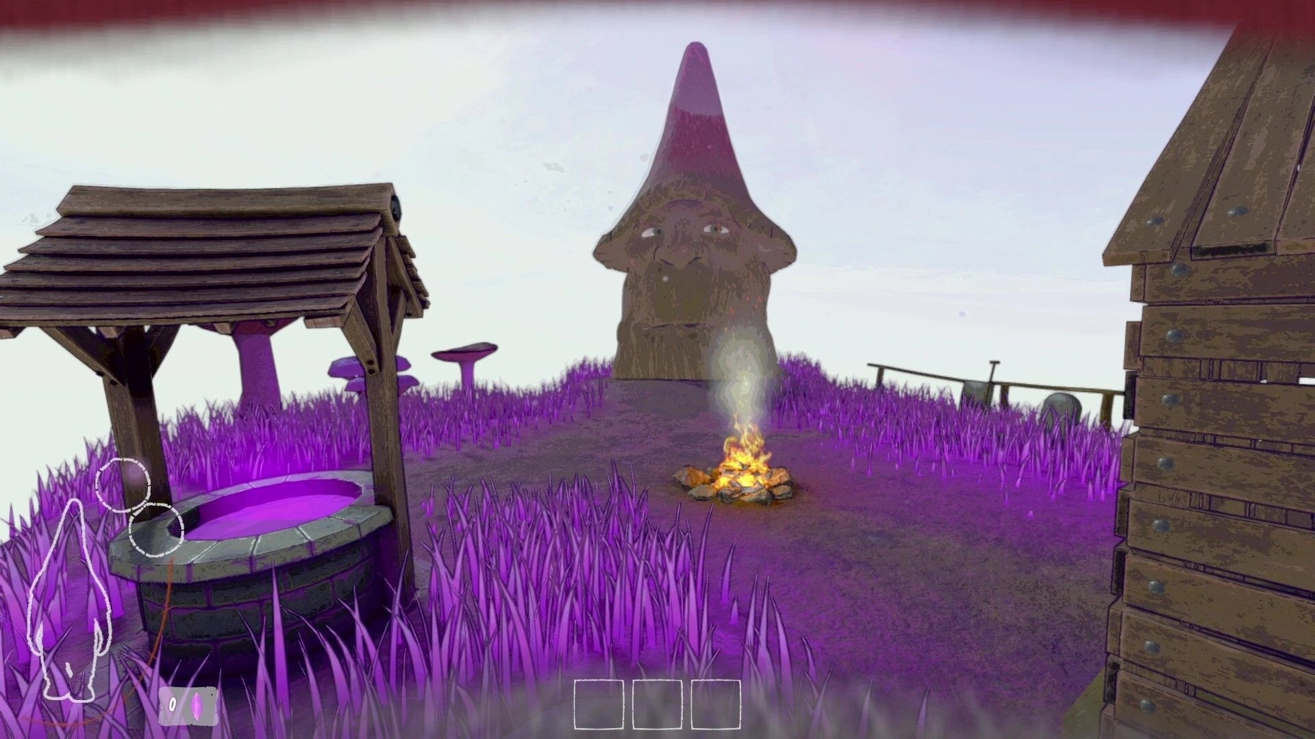 Burglin' Gnomes: Purple grass field with wooden well, campfire, and large gnome statue in the distance.