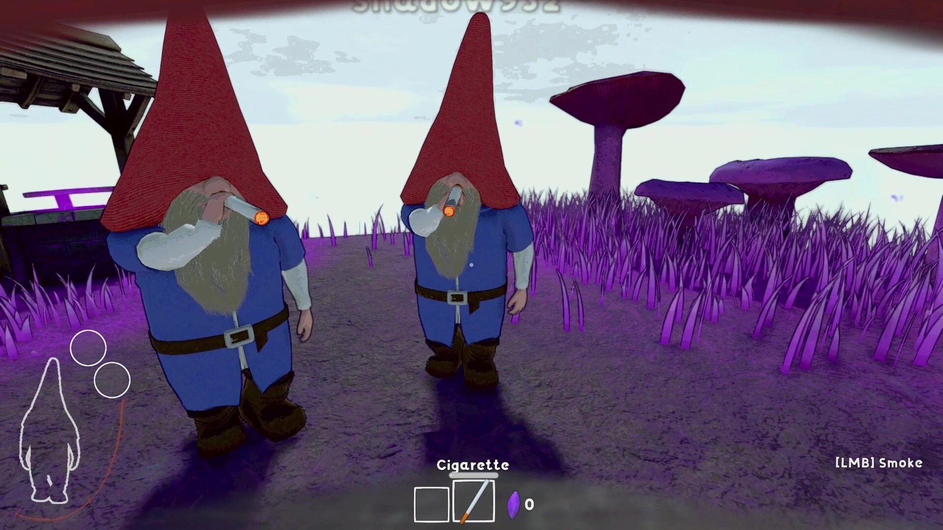 Burglin' Gnomes: Two gnomes stand in a purple field, one smoking, with UI showing cigarette and mushroom.
