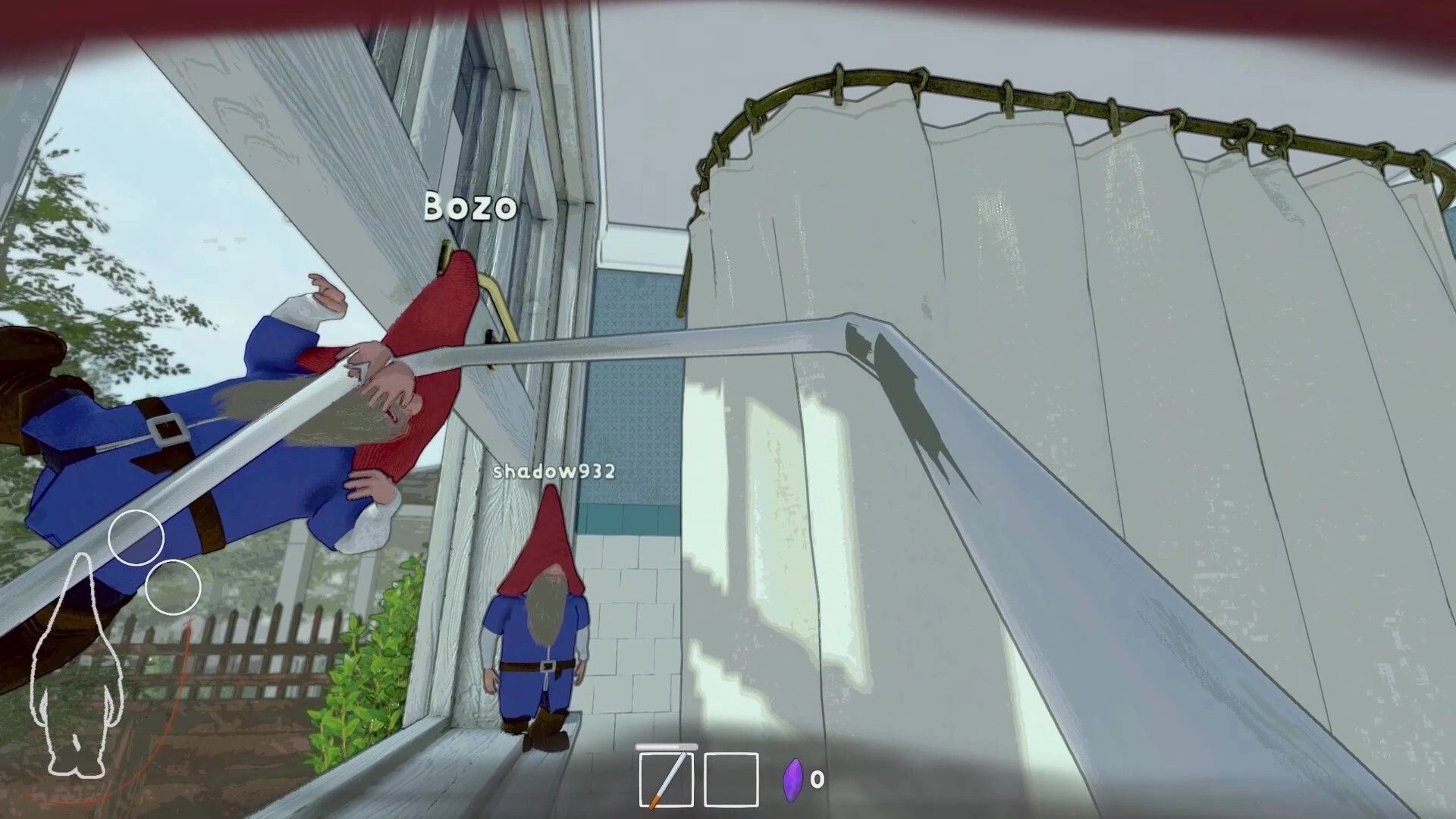 Burglin' Gnomes: Bozo climbs shower rod while Shadow932 stands nearby in bathroom environment.