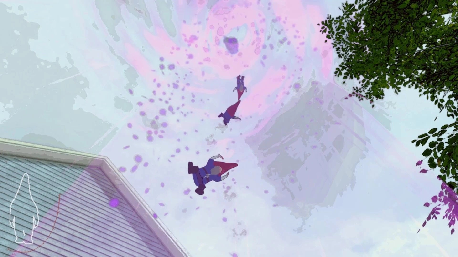 Burglin' Gnomes: Gnomes falling through a swirling pink vortex above a house roof with tree branches visible.