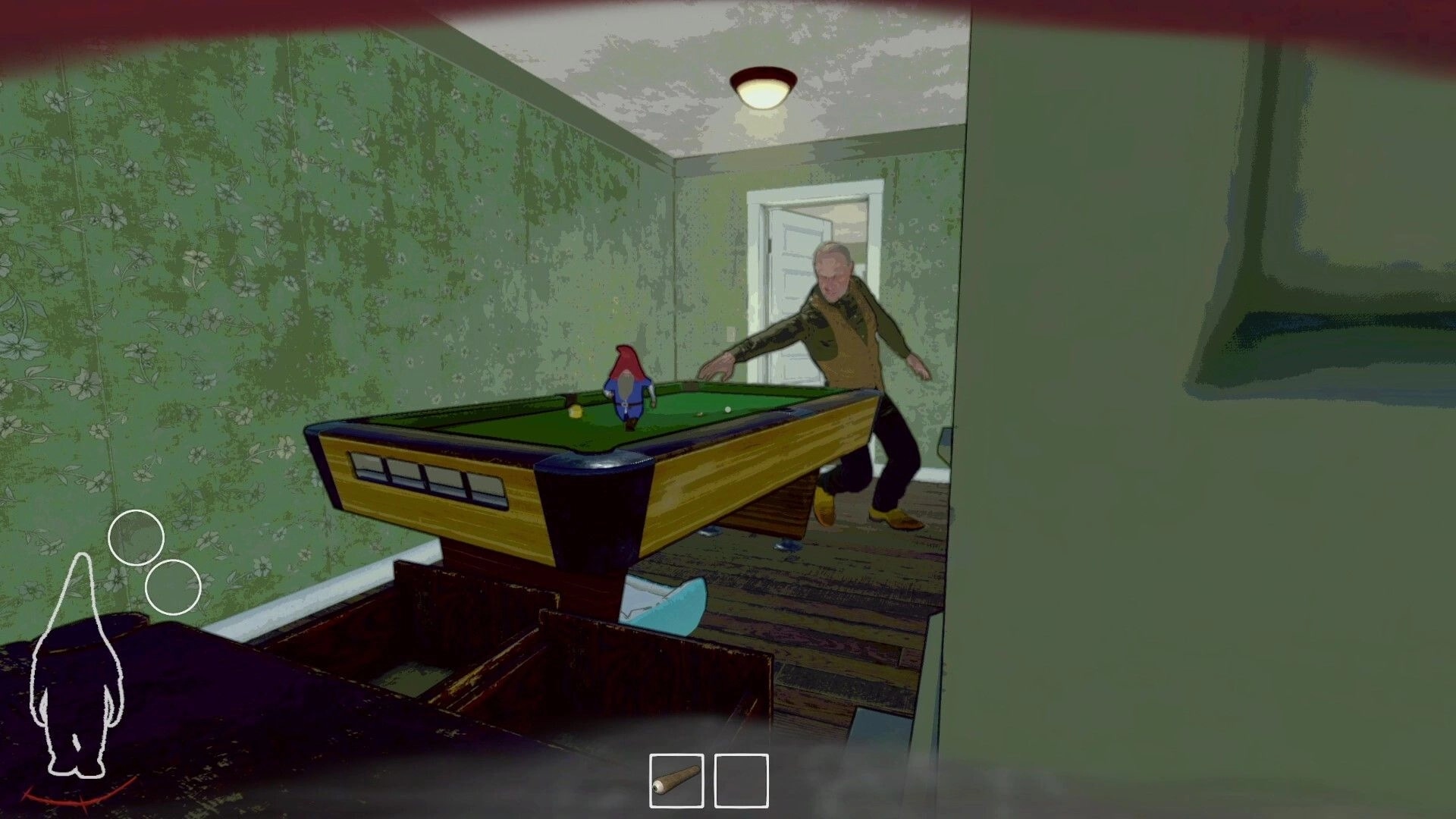 Burglin' Gnomes: Sneaky gnome on pool table avoiding human in dimly lit room with floral wallpaper