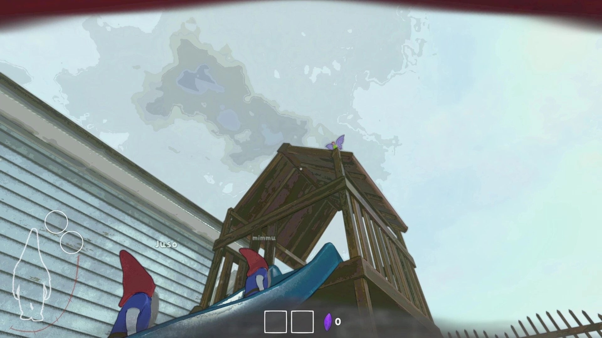 Burglin' Gnomes: Gnomes Juso and Mimmu explore playground slide under cloudy sky with UI elements visible.