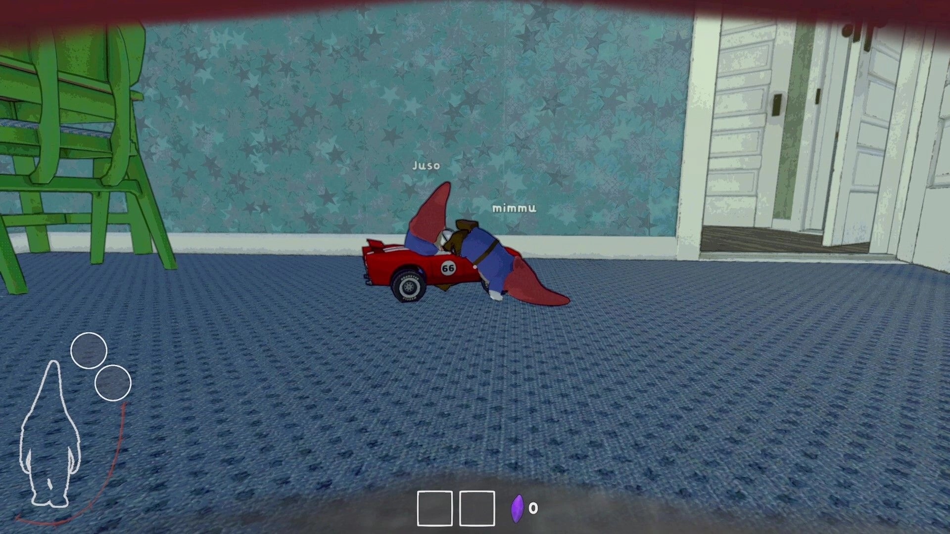 Burglin' Gnomes: Gnomes Juso and mimmu push toy car in blue-carpeted room with green chairs visible