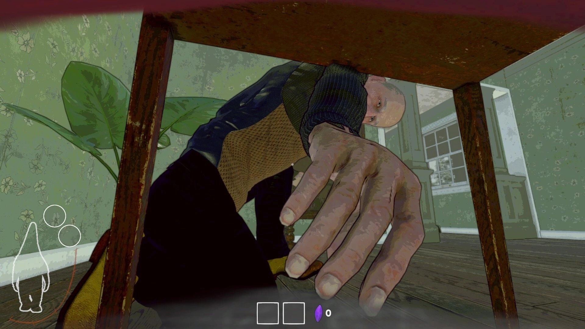 Burglin' Gnomes: Gnome hiding under table, avoiding large hand in a floral wallpapered room.