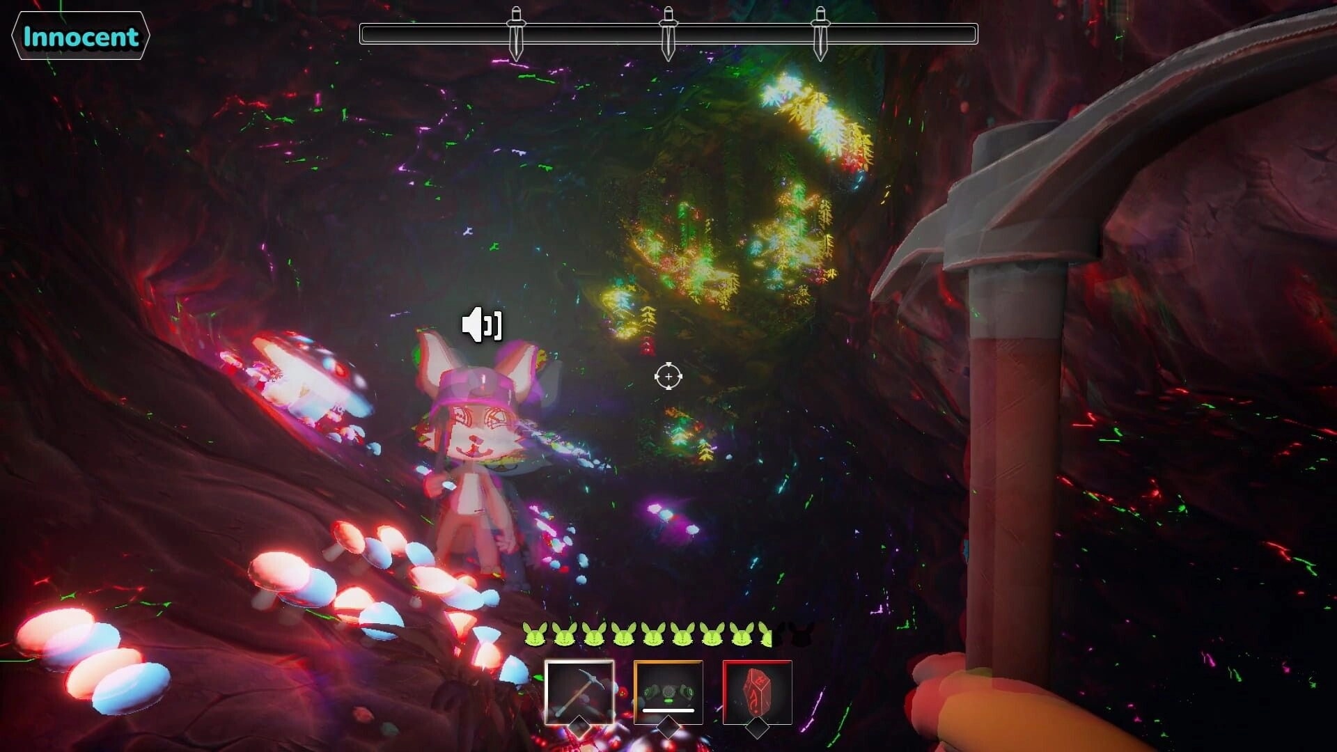 Buried Whispers: First-person pickaxe view with Innocent tag and teammate in glowing mushroom cave tunnel.
