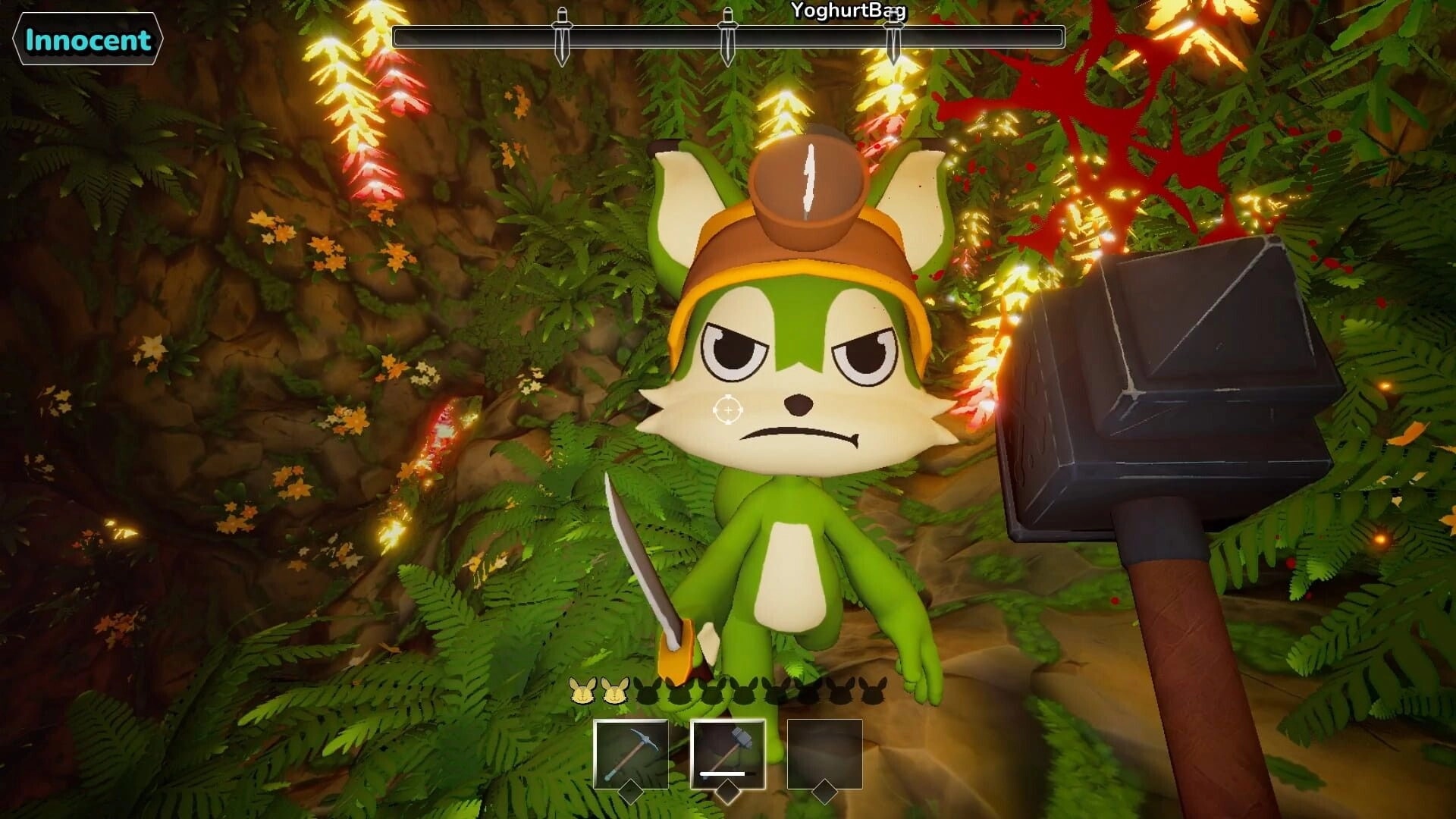 Buried Whispers: Innocent role HUD over green fox miner holding knife in leafy cave, hammer raised.