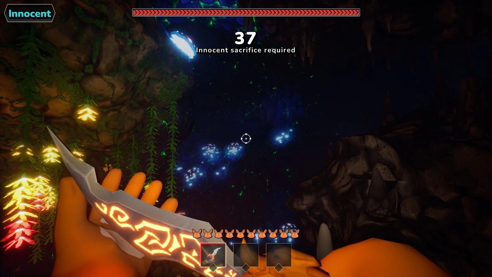 Buried Whispers: First-person view holding a glowing dagger in a bioluminescent cave with Innocent timer UI.