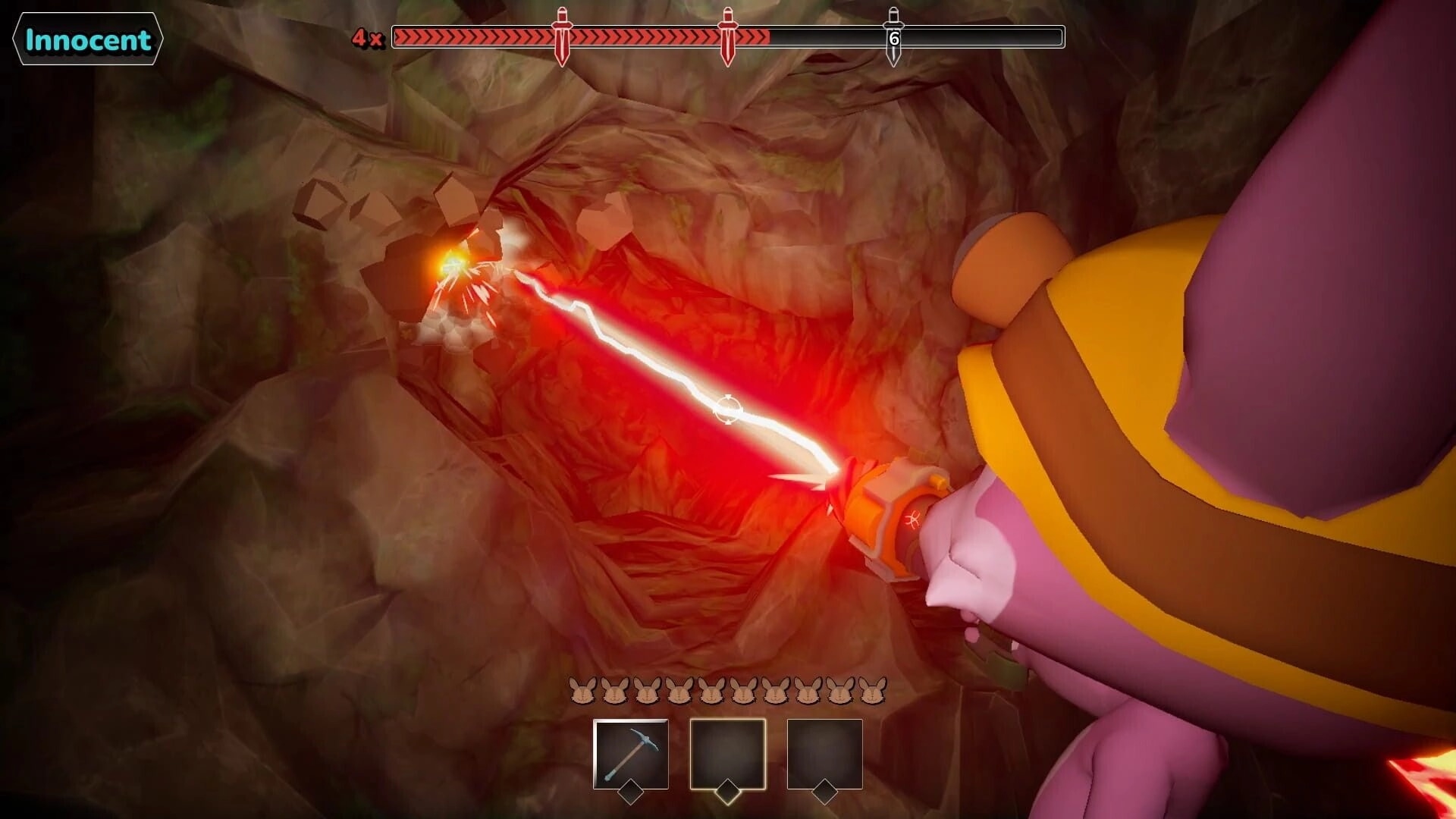 Buried Whispers: Innocent role HUD as a wizard fires a red beam at rock wall inside a narrow cave tunnel.