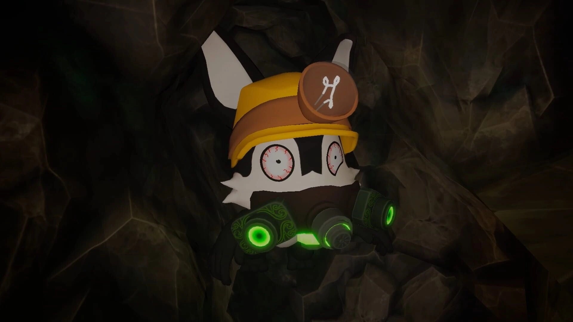 Buried Whispers: Close-up of a wide-eyed miner in gas mask and helmet wedged in dark cave rock walls.