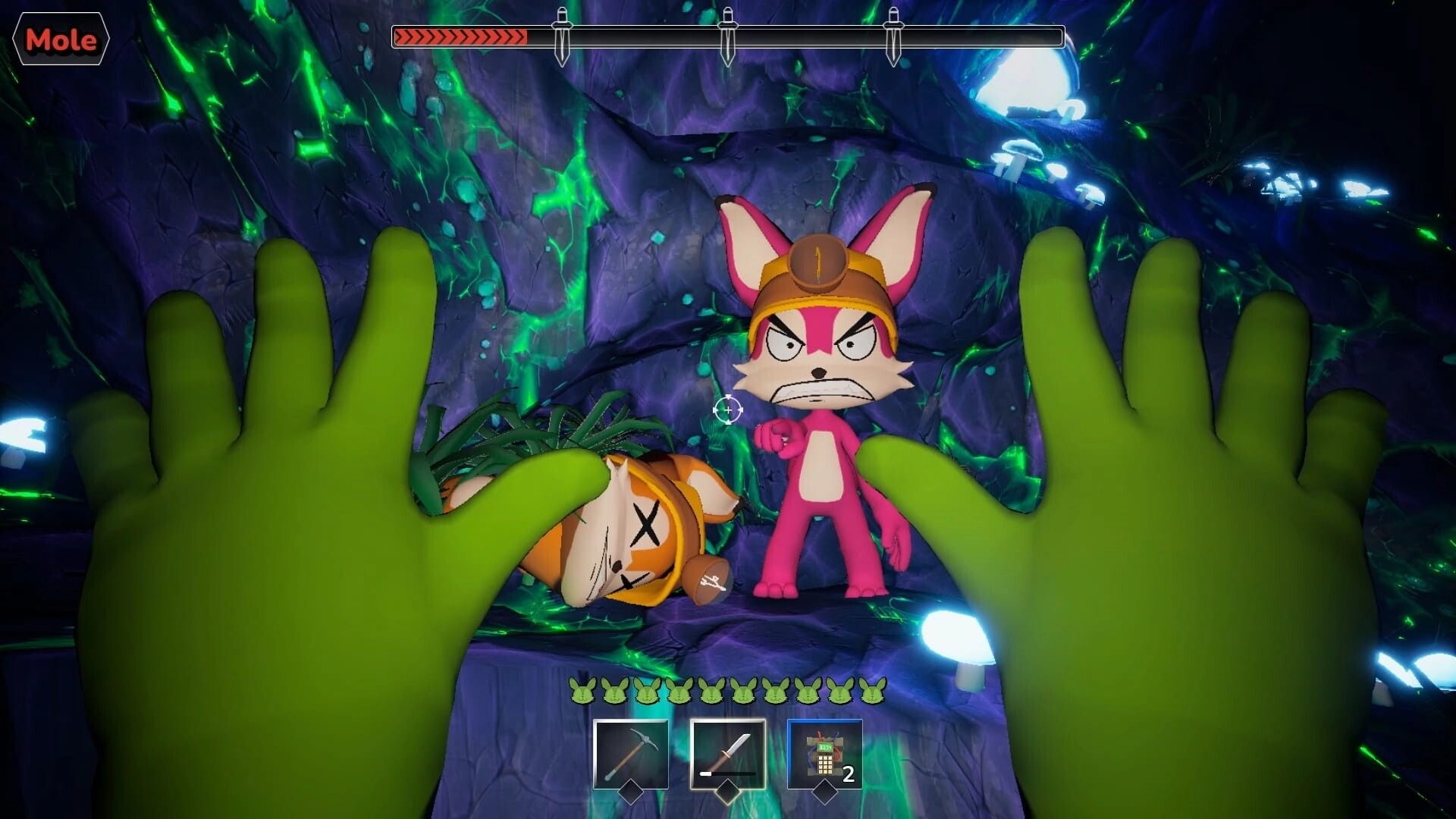 Buried Whispers: First-person hands face angry pink miner and a dead body in glowing cave chamber.