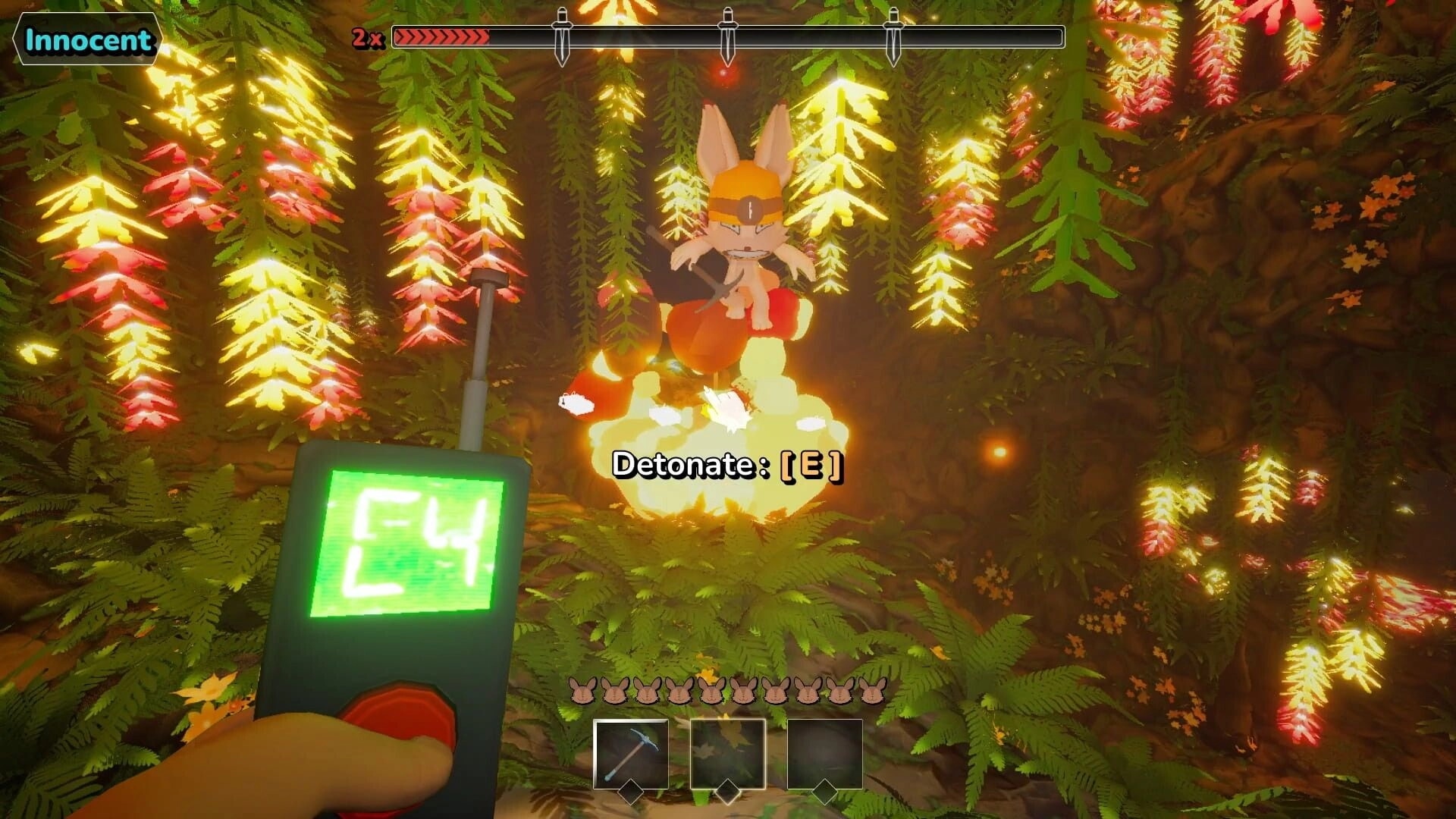 Buried Whispers: Player aims detonator at bunny miner over explosives in glowing vine-filled cave tunnel.