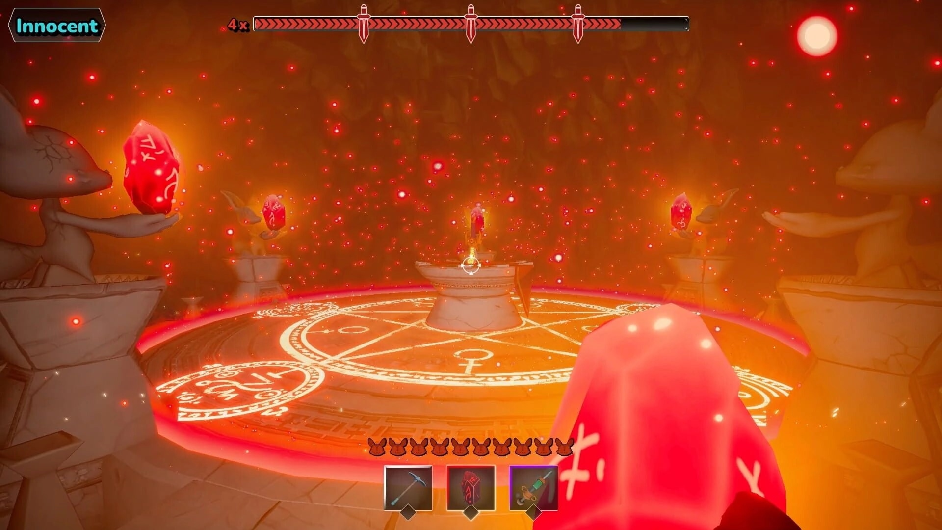 Buried Whispers: First-person ritual circle with red crystals and Innocent UI in glowing cave chamber.