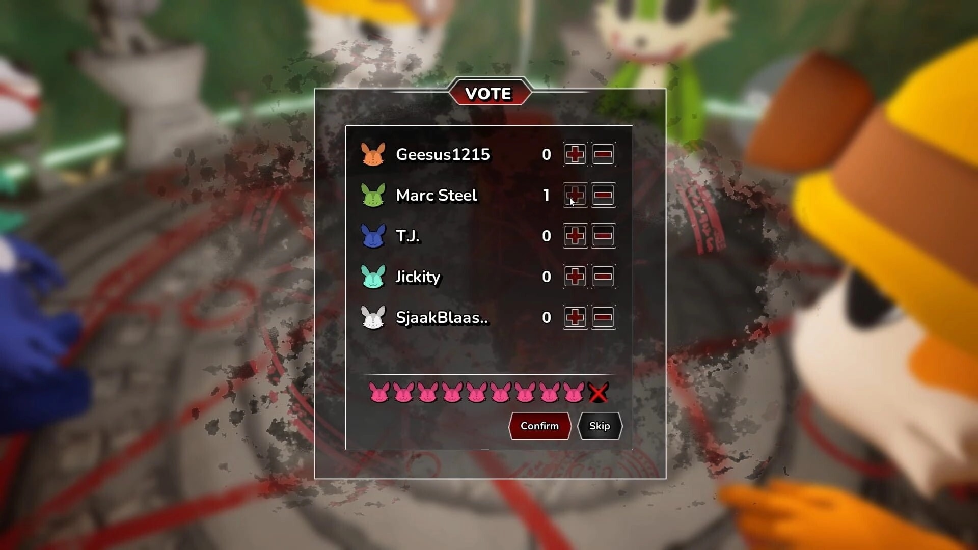 Buried Whispers: Vote menu listing players with plus/minus buttons over a blurred ritual circle scene.