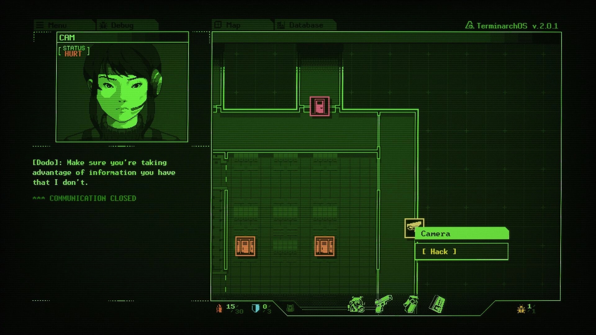 Burn-9: Operator video call with CAM marked HURT beside facility map and Camera Hack prompt UI.
