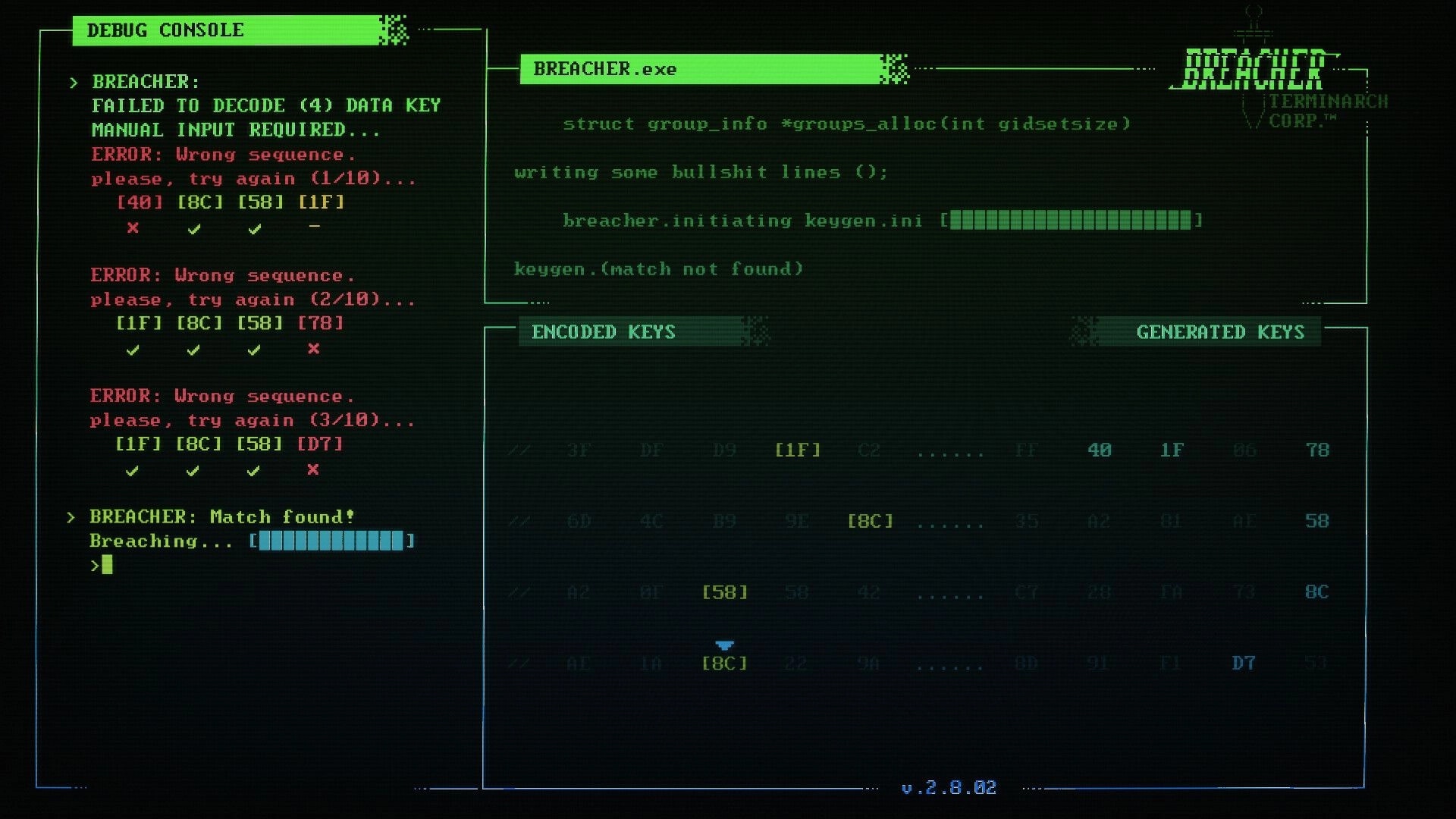 Burn-9: Breacher.exe hacking console with failed sequences and keygen progress bar on green CRT UI.