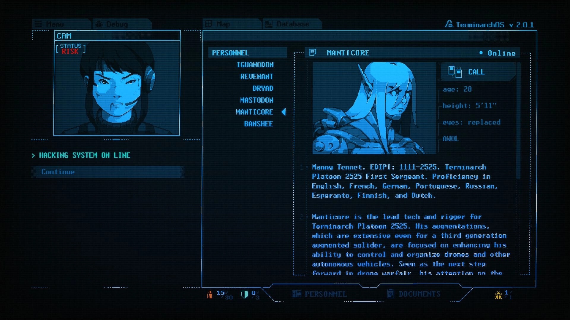Burn-9: Personnel database open on Manticore profile with portrait, call button, and bio text UI.