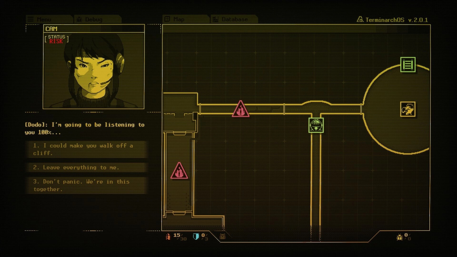 Burn-9: Comms portrait and dialogue choices beside a facility map with hazard icons and nodes.