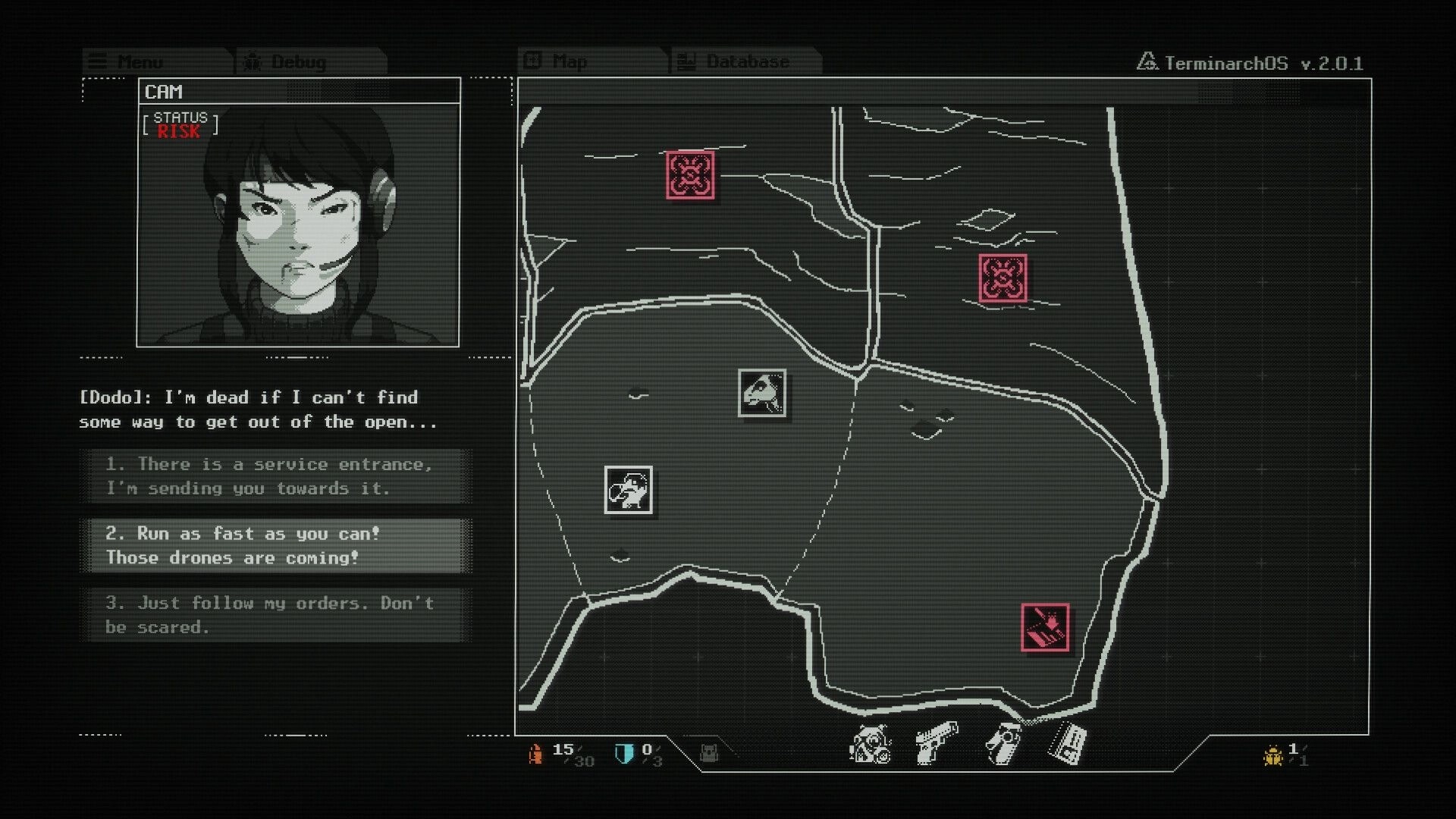 Burn-9: Dodo portrait and dialogue choices beside tactical map with red drone markers in TerminalarchOS UI.